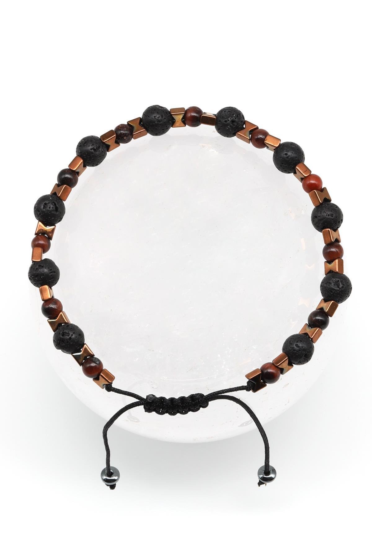 Kaplan Gözü - Lav Doğal Taş Makrome Örme Bileklik