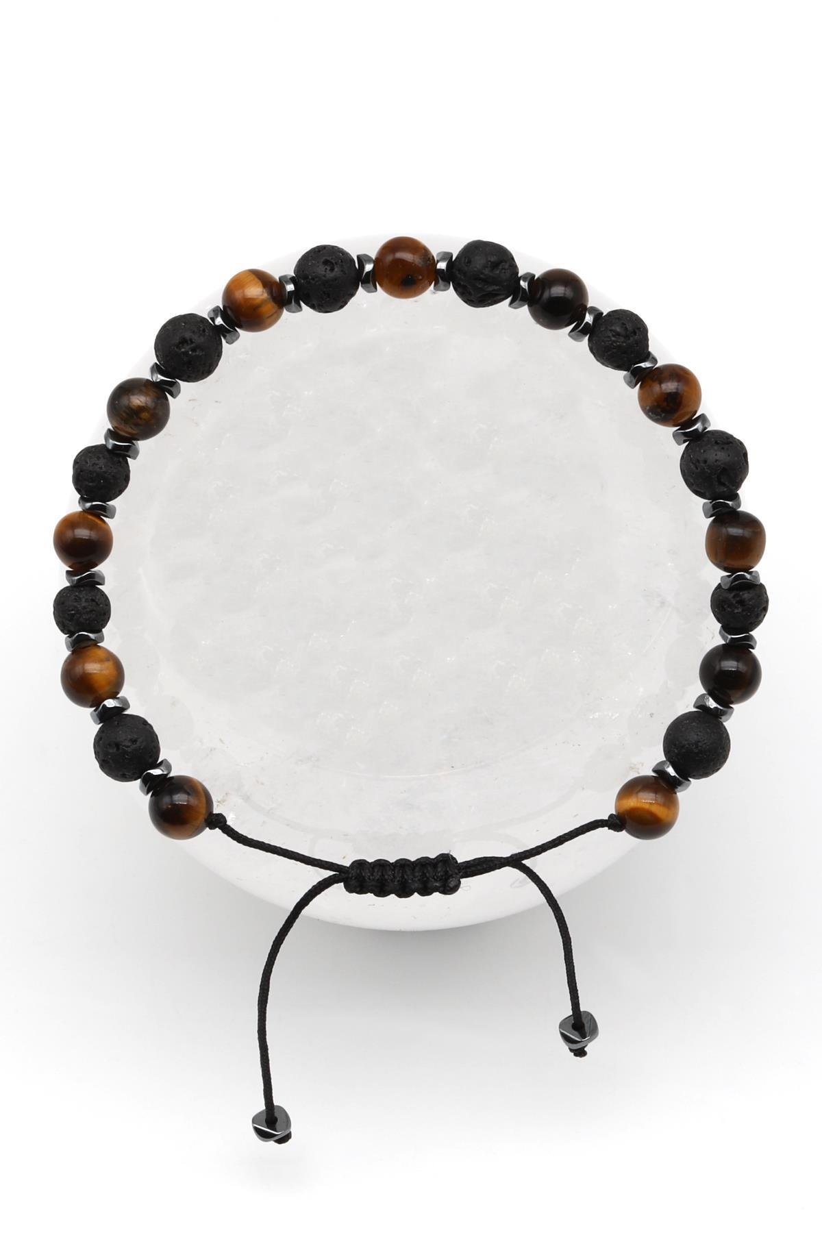 Kaplan Gözü-Lav Doğal Taş Makrome Örme Bileklik Küre Kesim