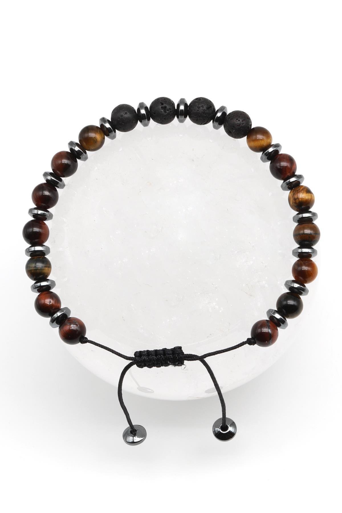 Kaplan Gözü-Lav Doğal Taş Makrome Örme Bileklik Küre Kesim