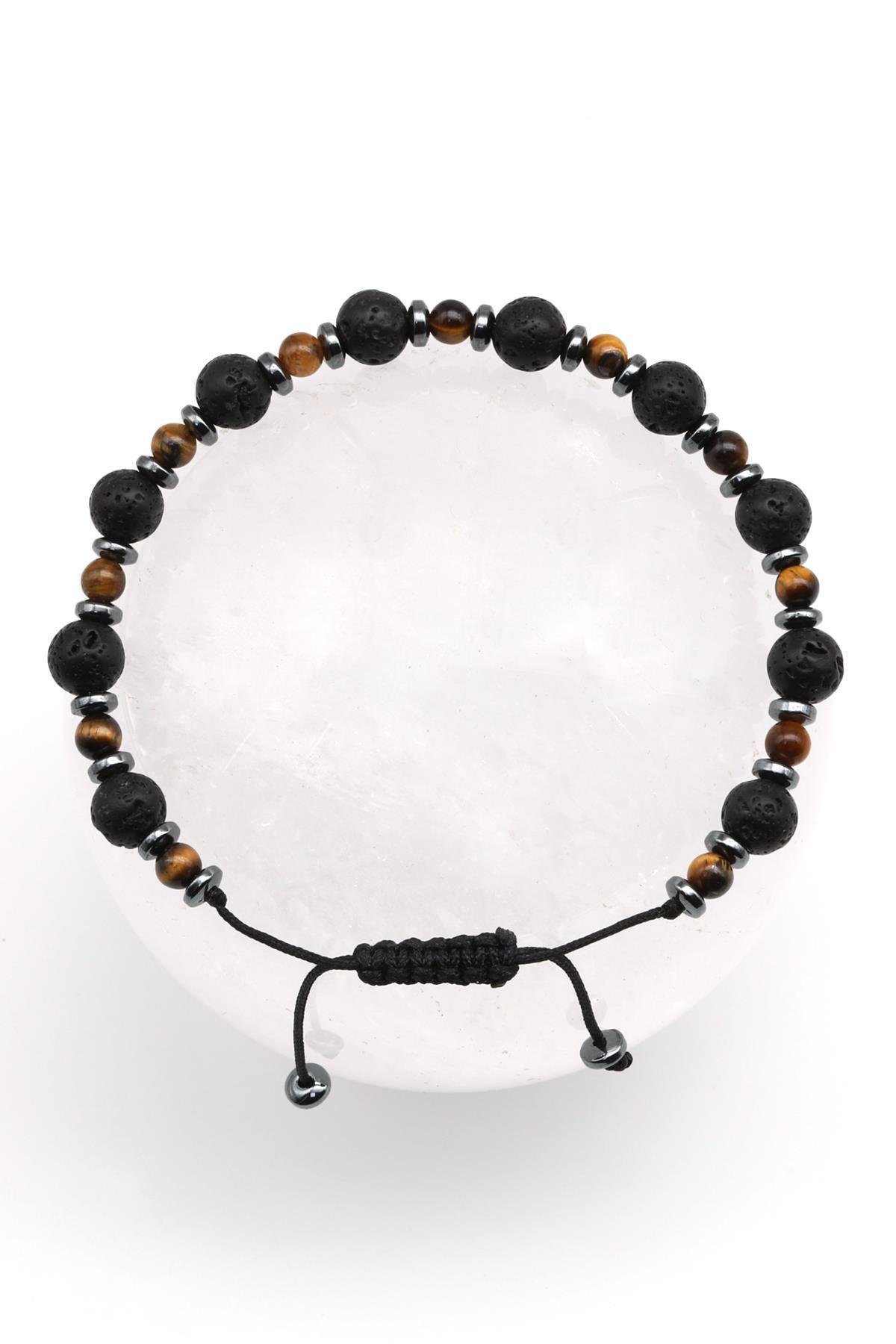 Kaplan Gözü - Lav - Hematit Doğal Taş Makrome Örme Bileklik