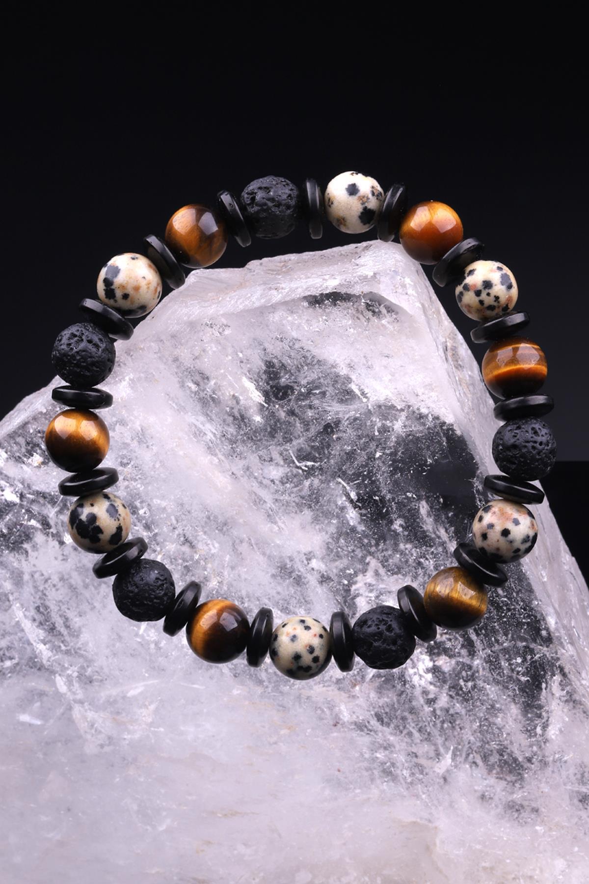 Kaplan Gözü - Lav Taşı - Dalmaçyalı Jasper Doğal Taş Tasarım Bileklik 