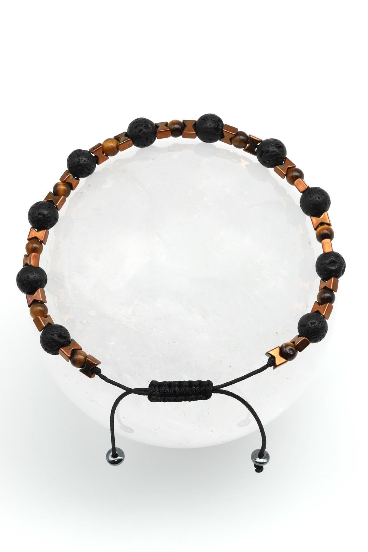 Kaplan Gözü - Lav Taşı Doğal Taş Makrome Örme Bileklik