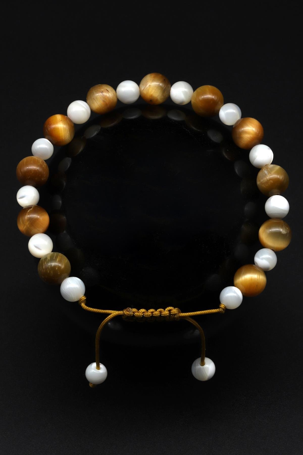 Kaplan Gözü - Sedef Doğal Taş Makrome Örme Bileklik