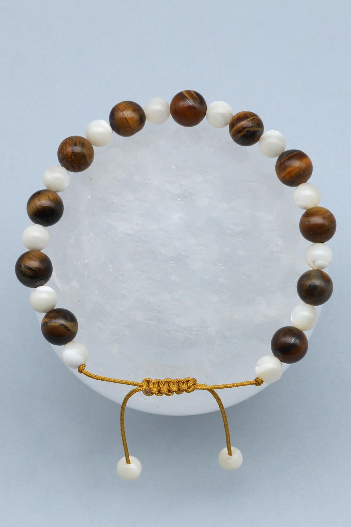 Kaplan Gözü - Sedef Doğal Taş Makrome Örme Bileklik