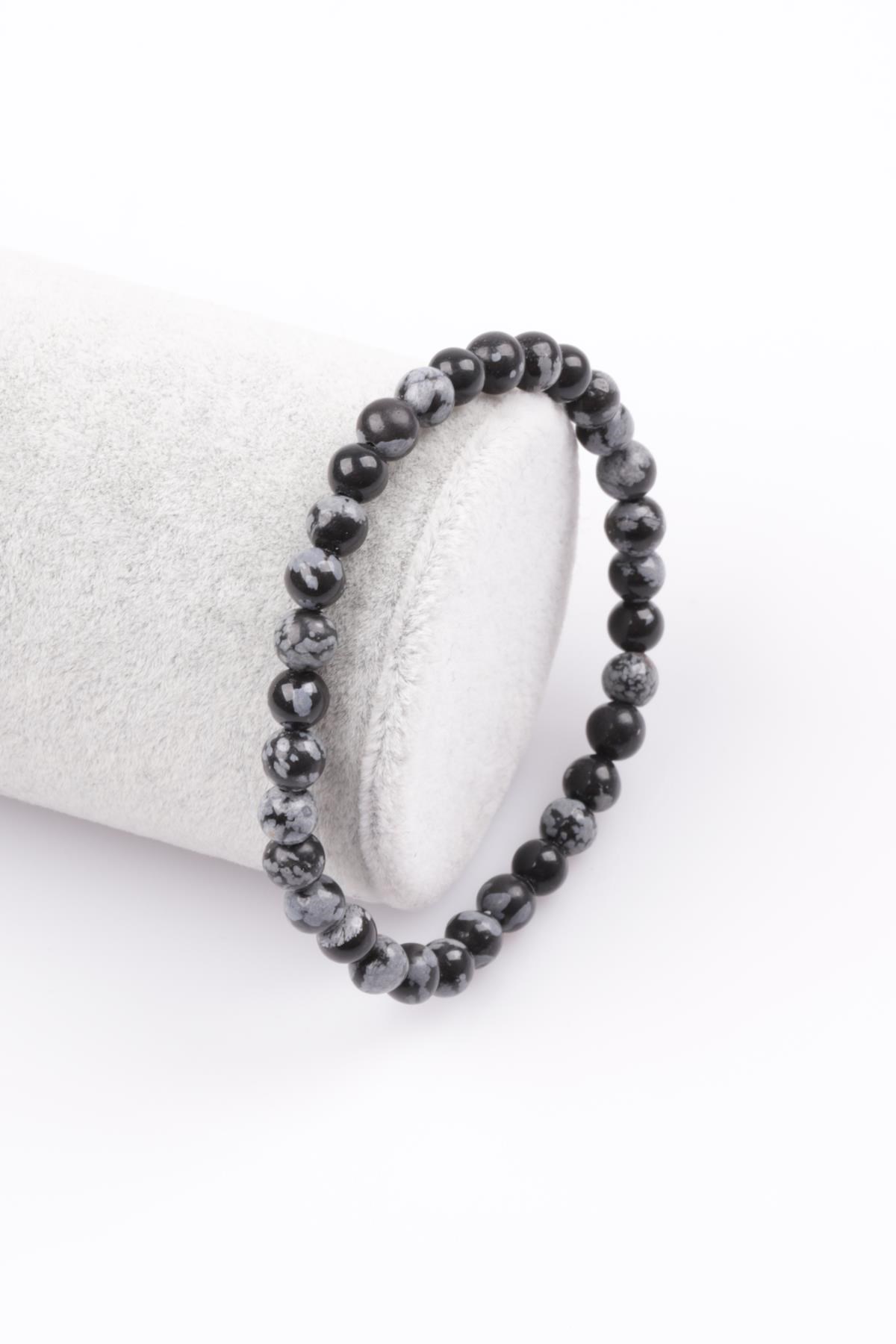Karlı Obsidyen Doğal Taş Bileklik 6 mm Küre Kesim