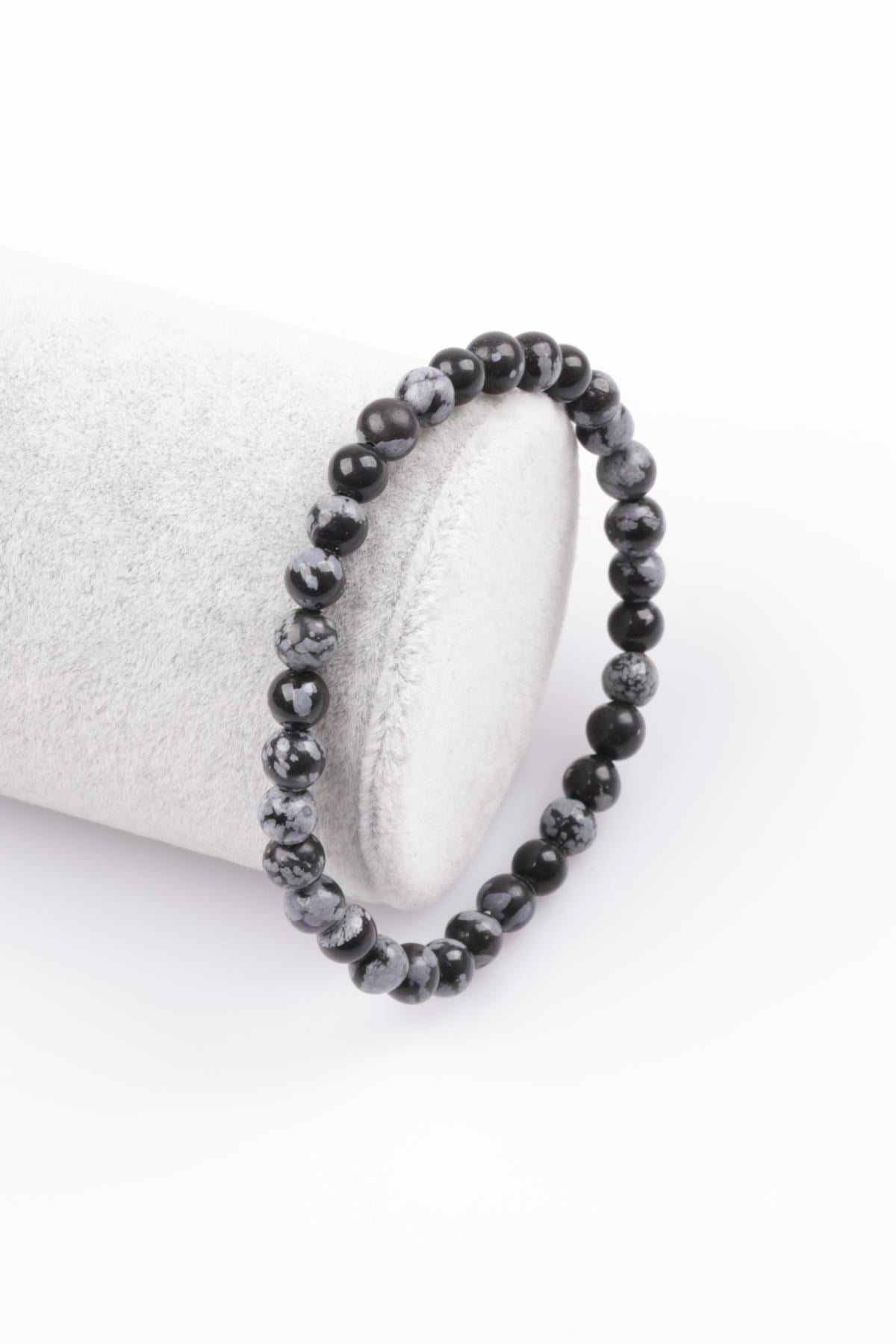 Karlı Obsidyen Doğal Taş Bileklik 6 mm Küre Kesim
