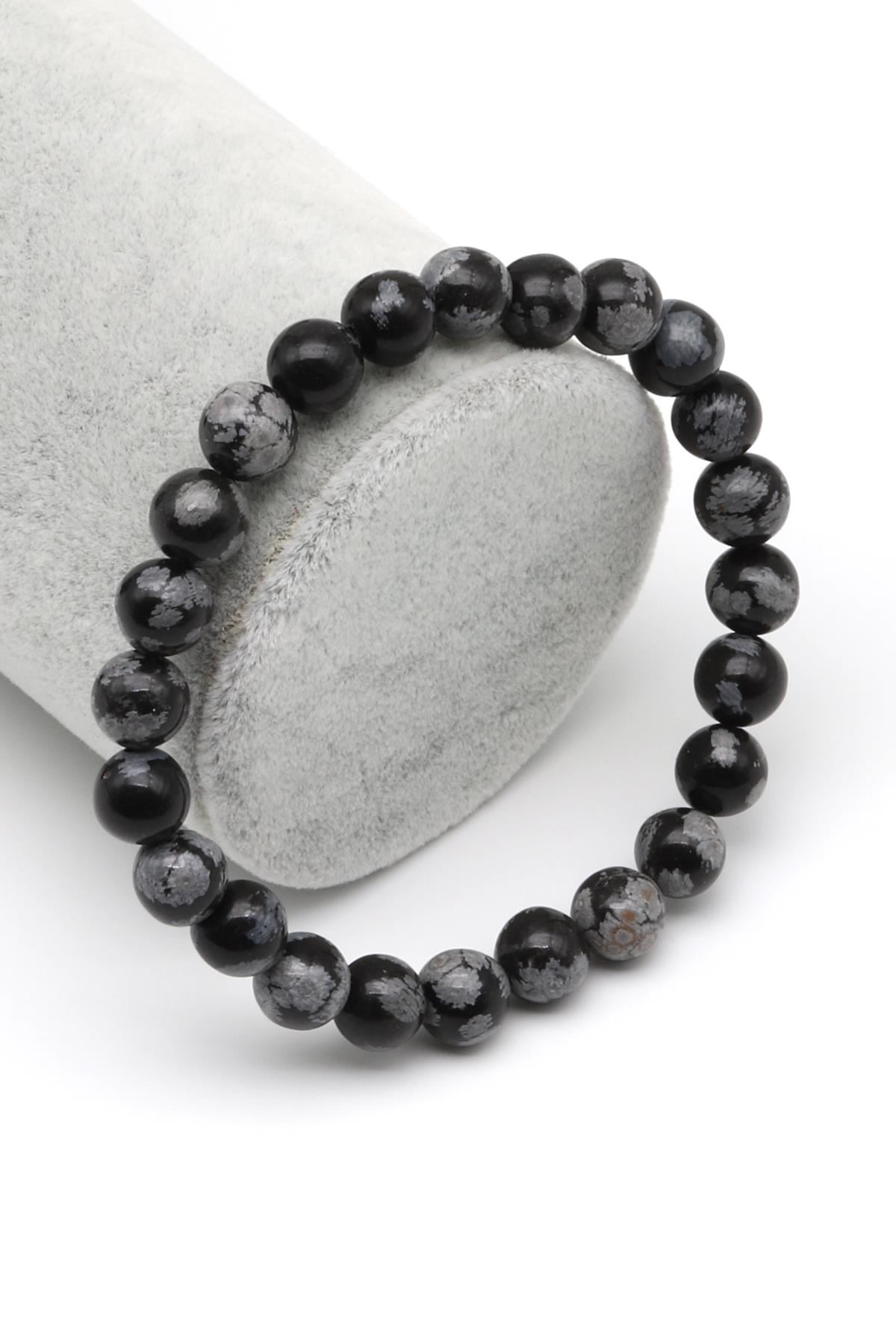 Karlı Obsidyen Doğal Taş Bileklik 8 mm Küre Kesim