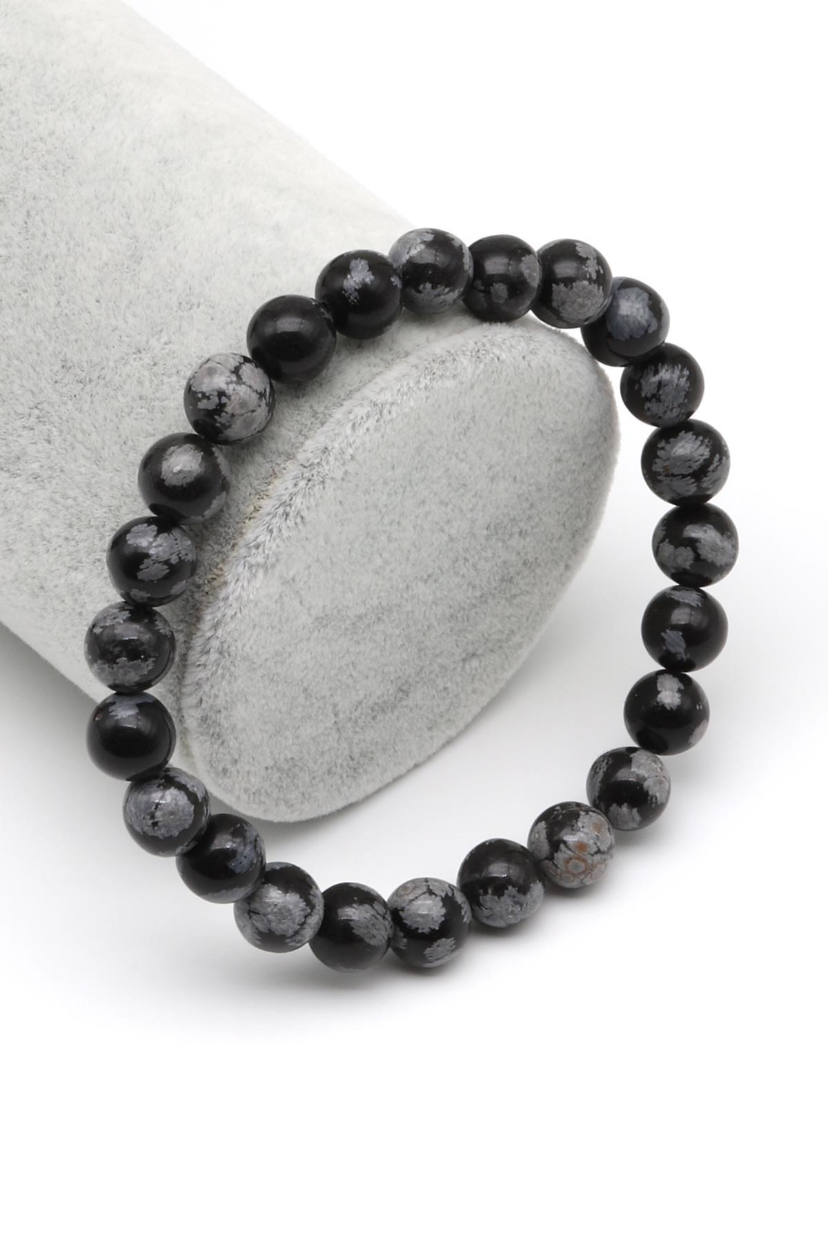 Karlı Obsidyen Doğal Taş Bileklik 8 mm Küre Kesim