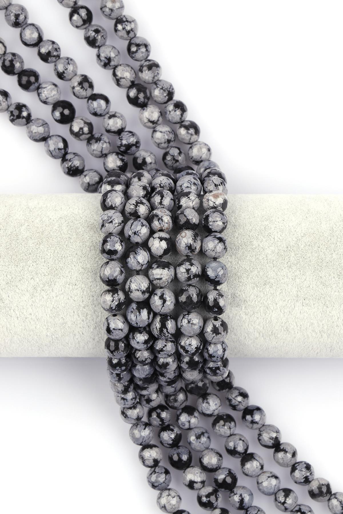 Karlı Obsidyen Doğal Taş Dizi 8 mm Fasetli Küre Kesim 