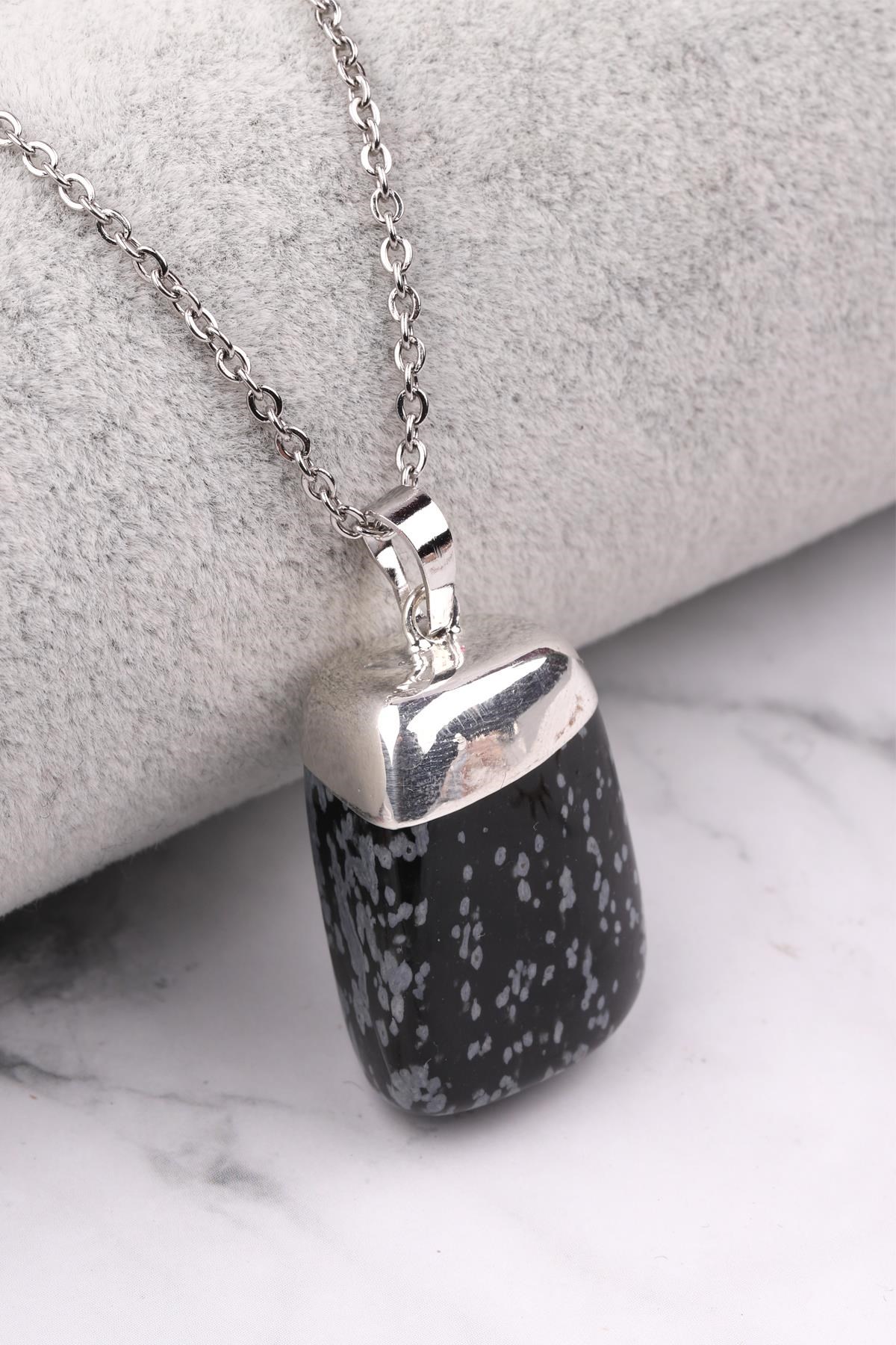 Karlı Obsidyen Doğal Taş Kolye