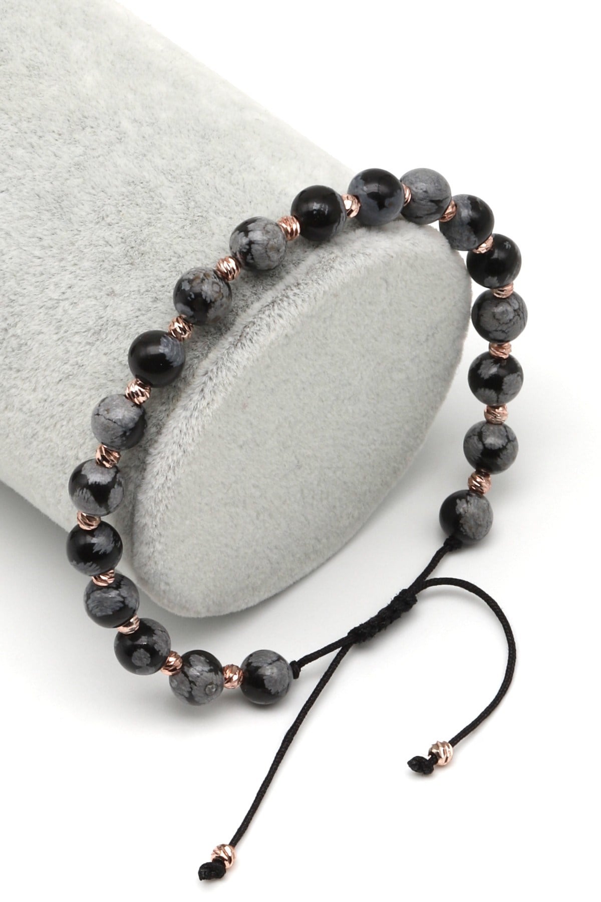 Karlı Obsidyen Doğal Taş Makrome Örme Bileklik Küre Kesim - BMK-588