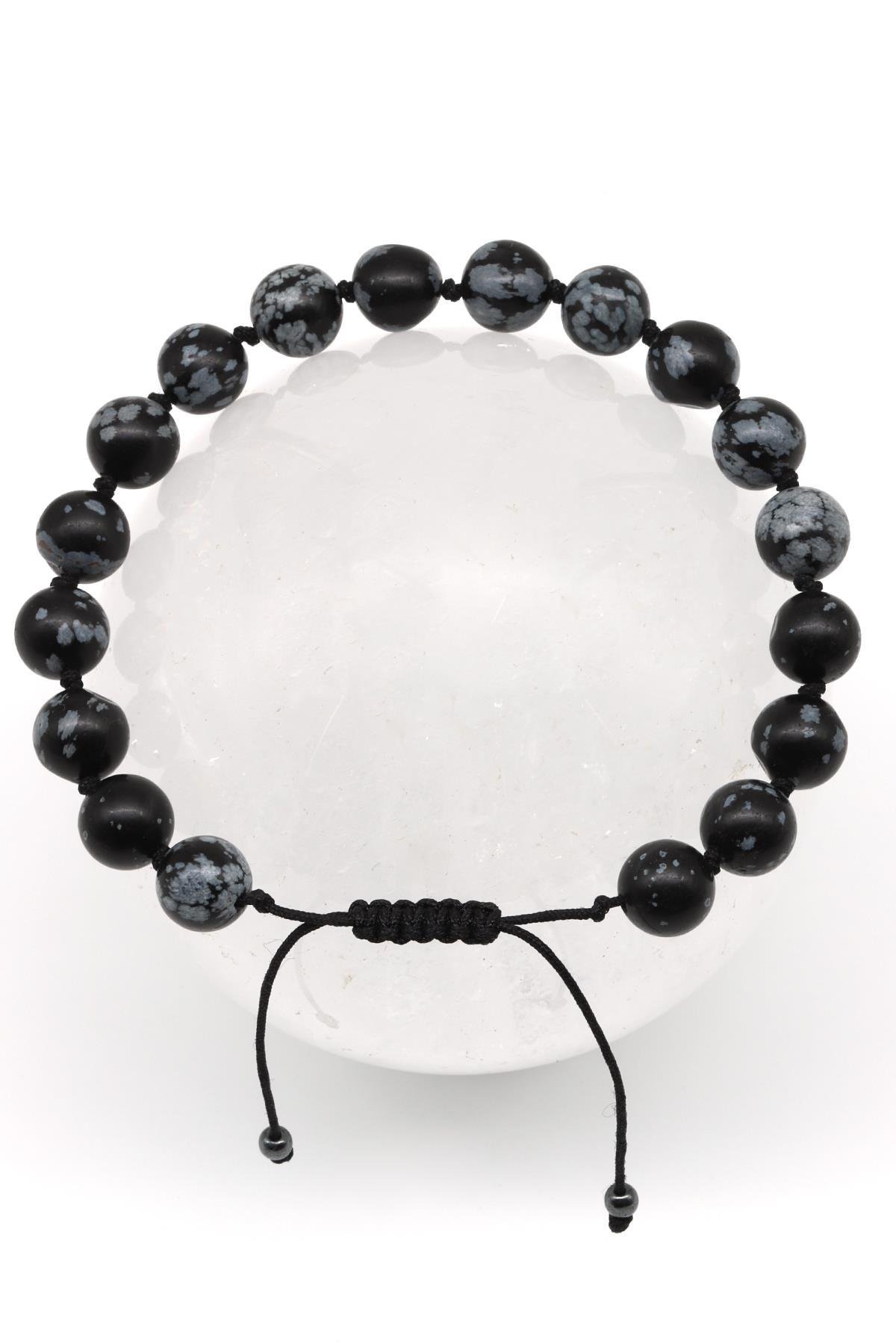 Karlı Obsidyen Doğal Taş Makrome Örme Bileklik