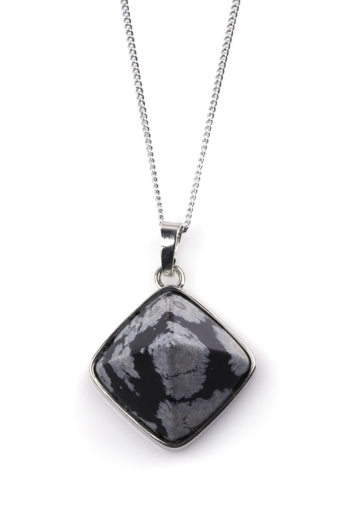 Karlı Obsidyen Doğal Taş Piramit Model Kolye