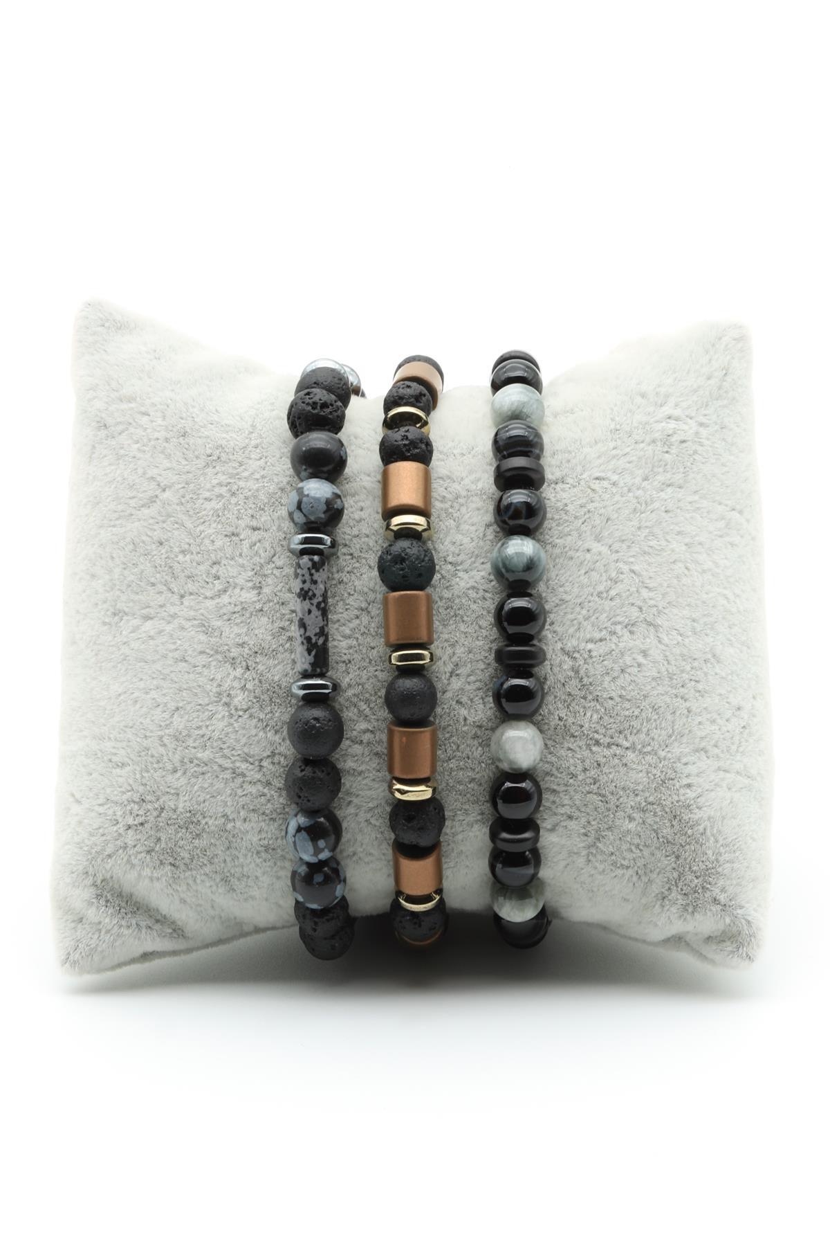 Karlı Obsidyen - Lav - Göz Akik - Kedi Gözü - Oniks - Kokonat - Hematit Doğal Taş Tasarım Bileklik