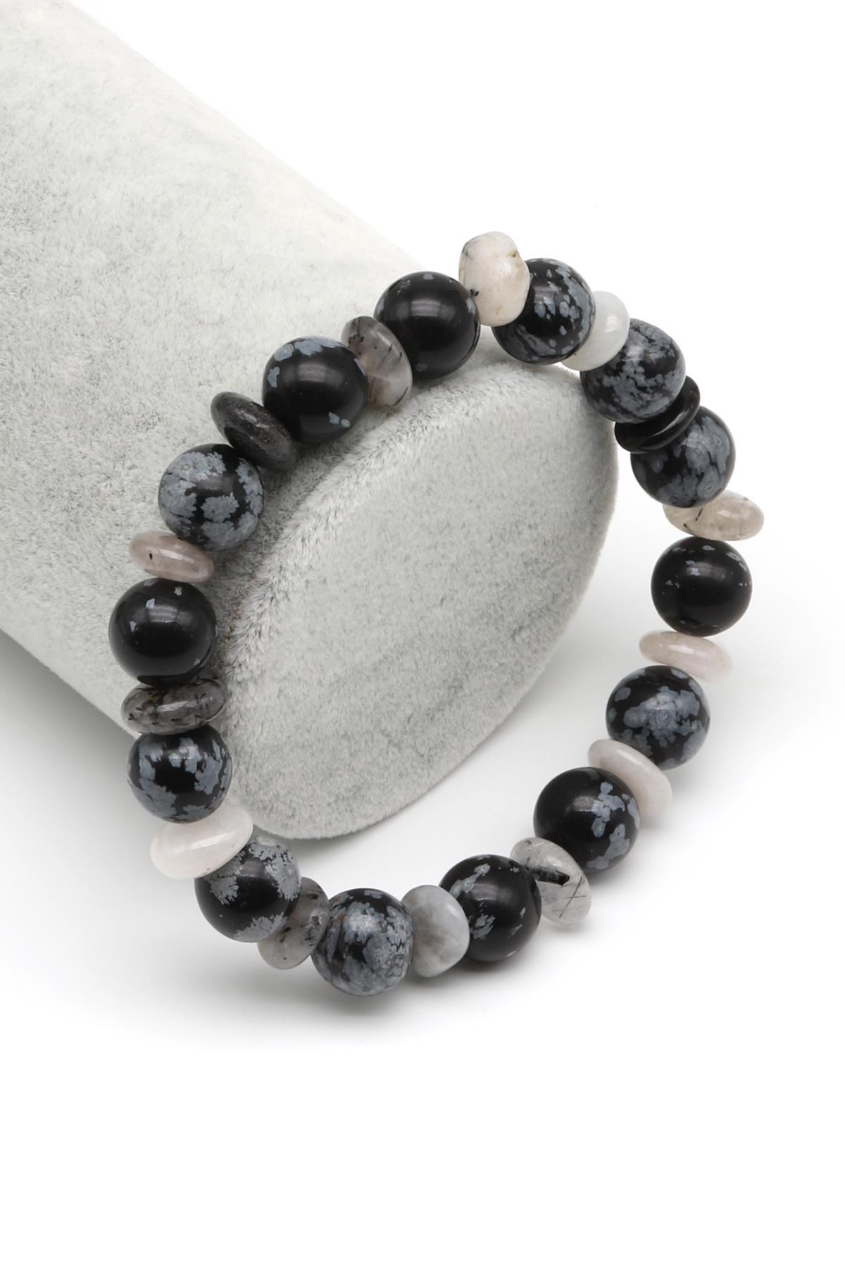 Karlı Obsidyen-Rutil Kuvars Doğal Taş Tasarım Bileklik 10 mm Küre Kesim