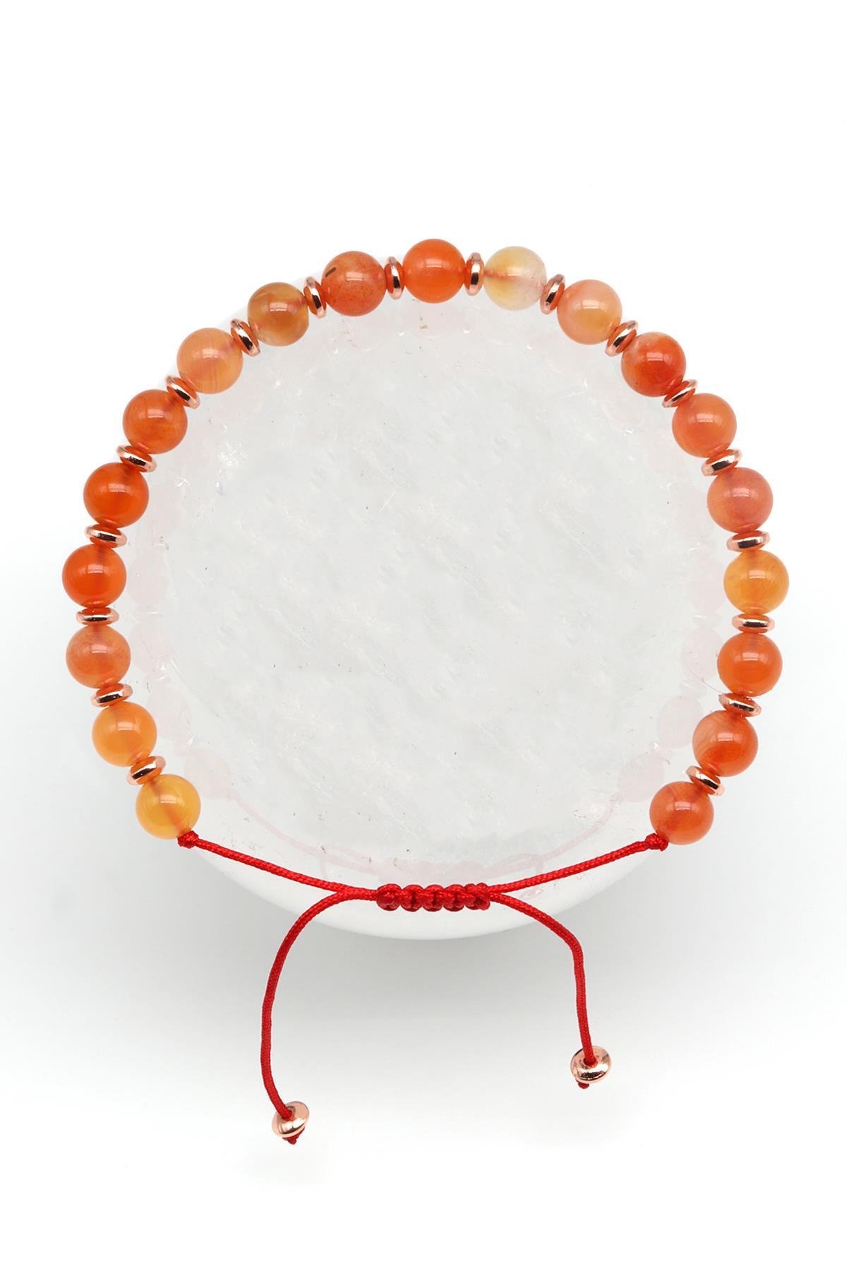 Karnelyan Akik Doğal Taş Makrome Örme Bileklik Küre Kesim