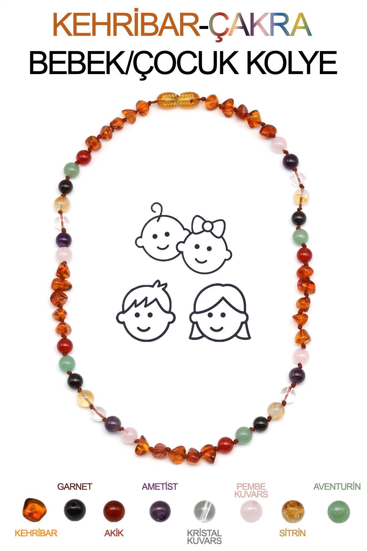 Kehribar-Çakra Doğal Taş Bebek/Çocuk Kolyesi-35 cm