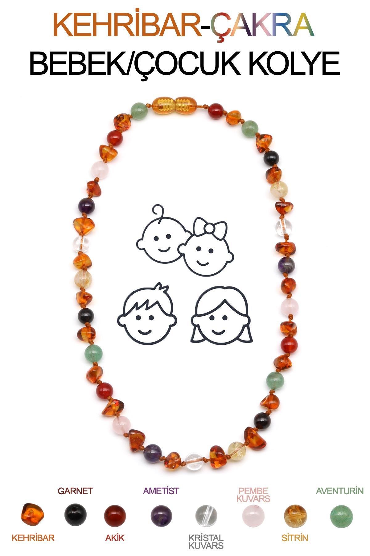 Kehribar-Çakra Doğal Taş Bebek/Çocuk Kolyesi-33 cm