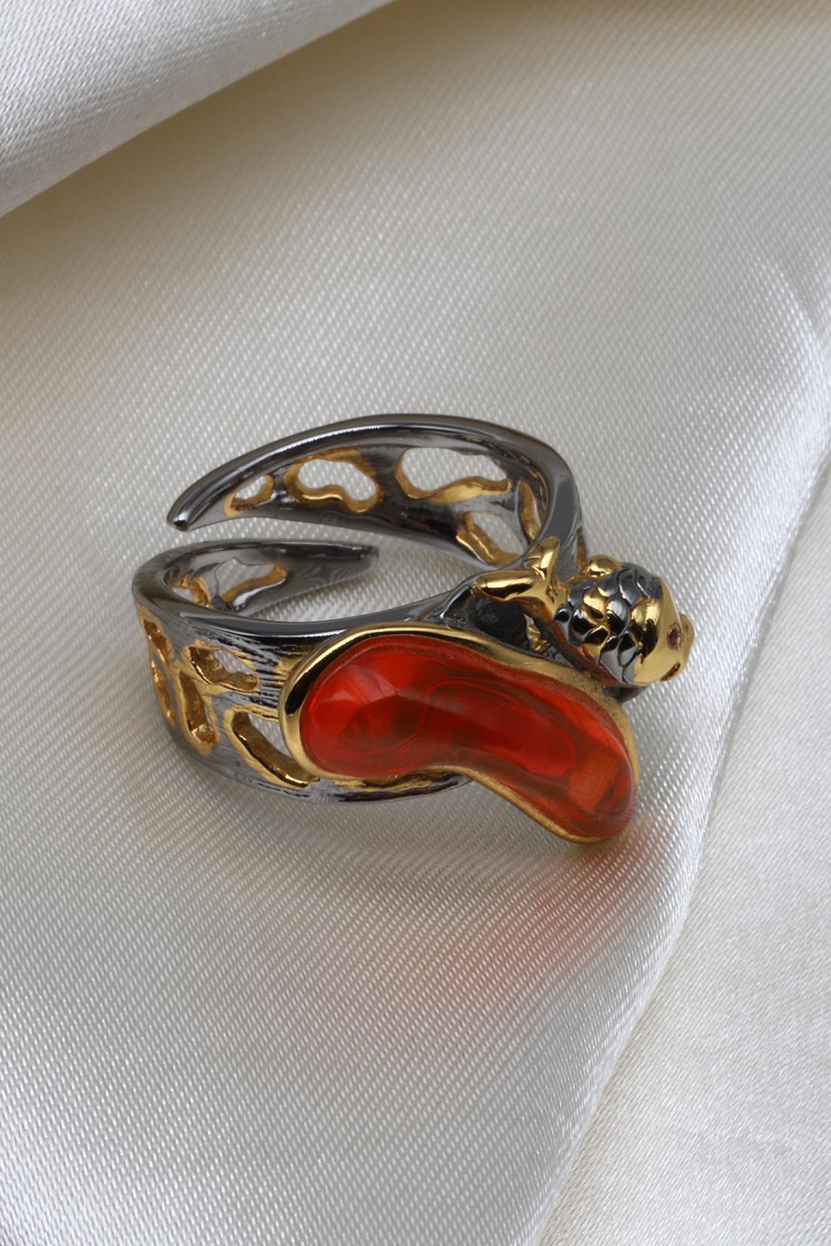 Kehribar Doğal Taş 925 Ayar Gümüş Ayarlanabilir Yüzük