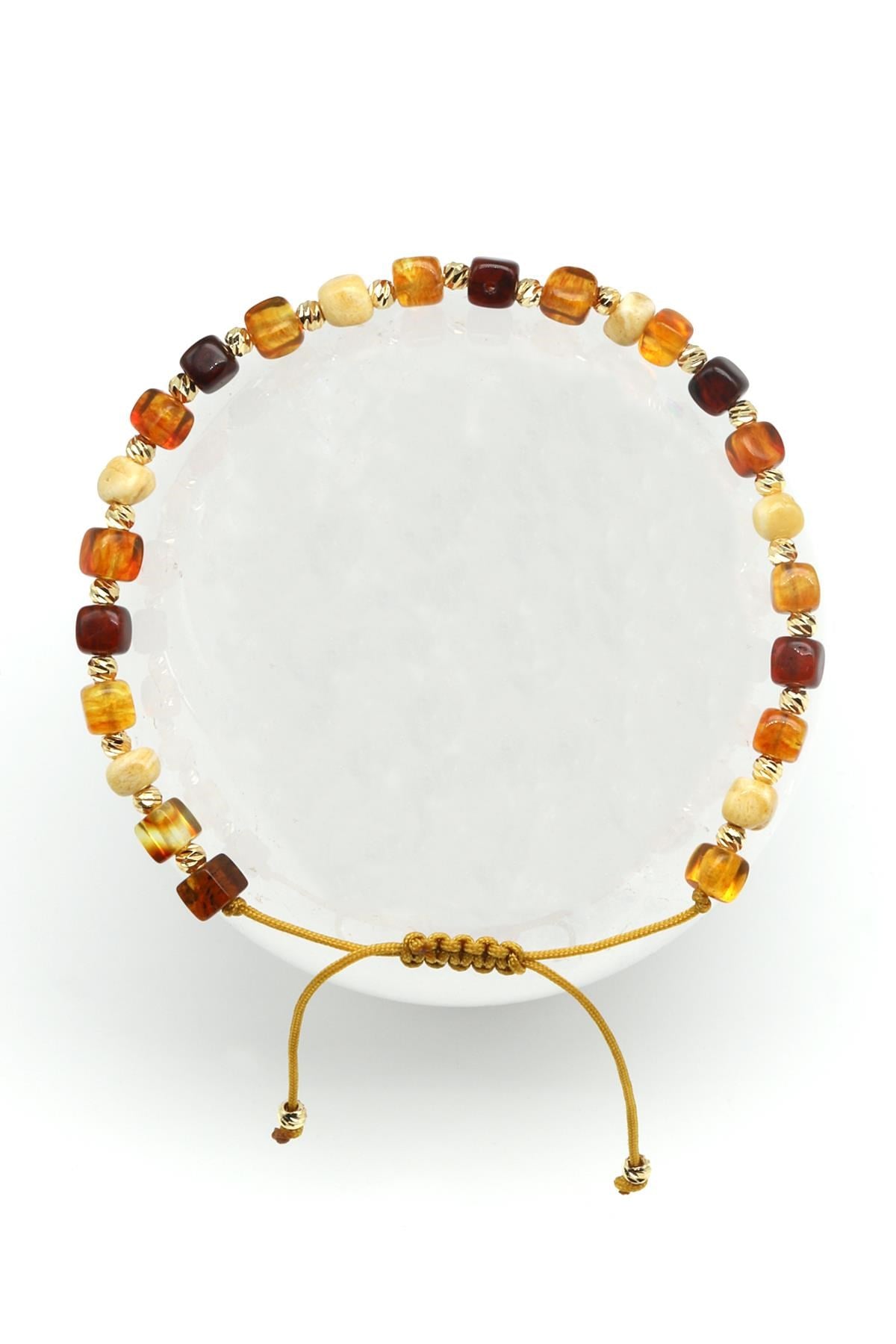 Kehribar Doğal Taş Makrome Örme Bileklik Küp Kesim