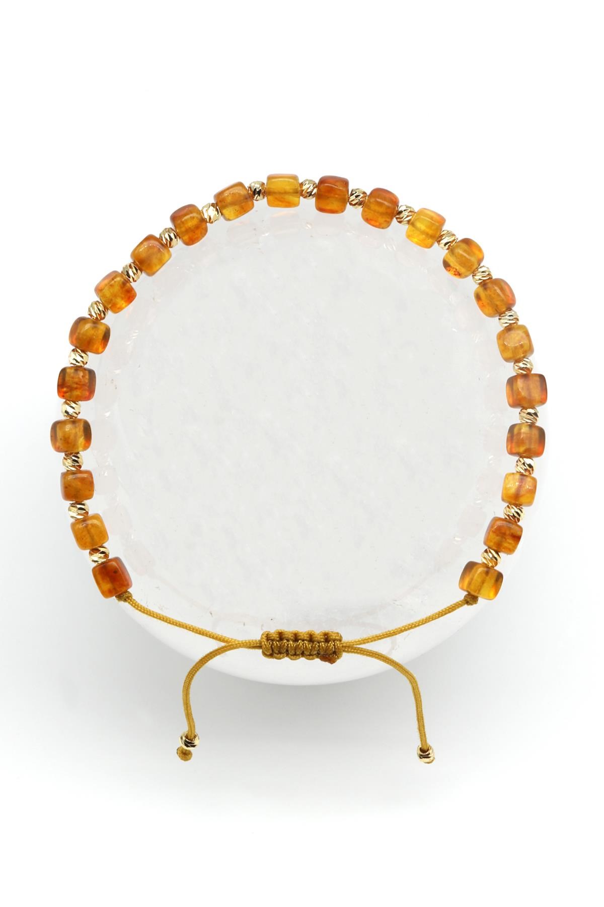 Kehribar Doğal Taş Makrome Örme Bileklik Küp Kesim