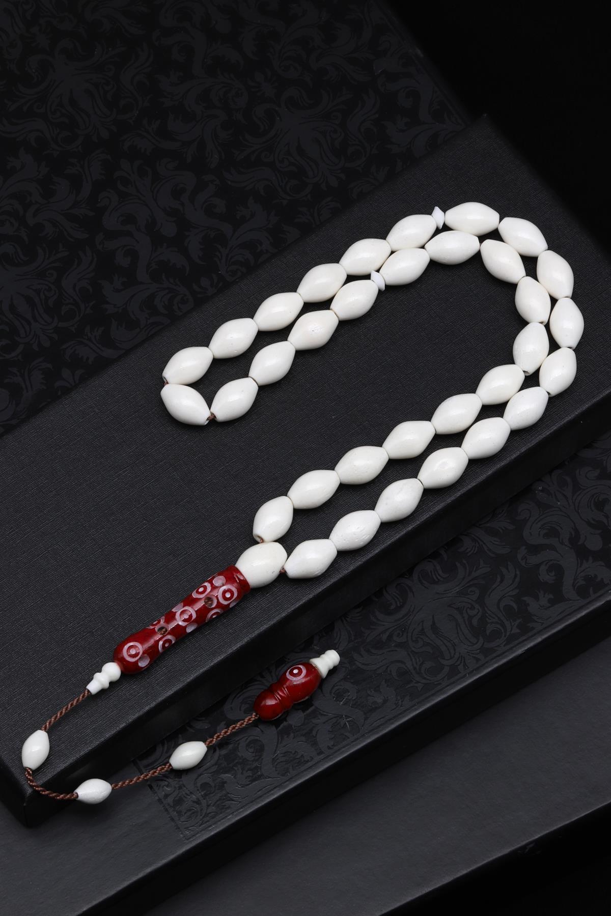 Kırmızı İmameli Kemik Tesbih 7 x 11 mm Arpa Kesim