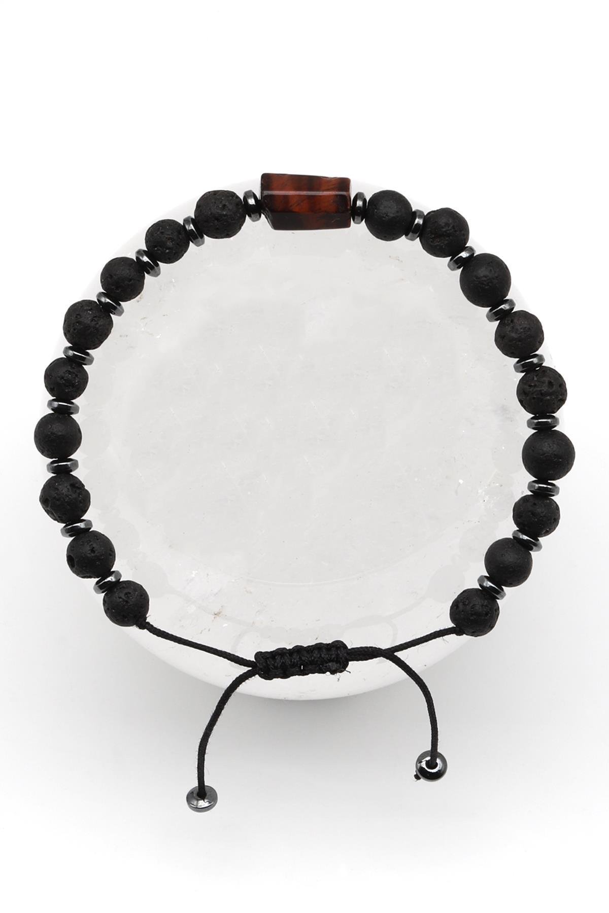 Kırmızı Kaplan Gözü-Lav Doğal Taş Makrome Örme Bileklik Küre Kesim