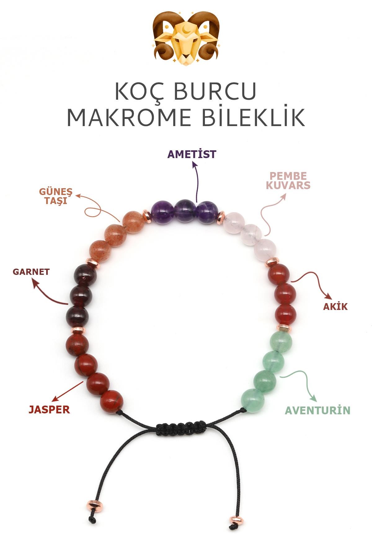 Koç Burcu Taşlarından Oluşan Doğal Taş Makrome Bileklik 6 mm Küre Kesim - Burç Bilekliği