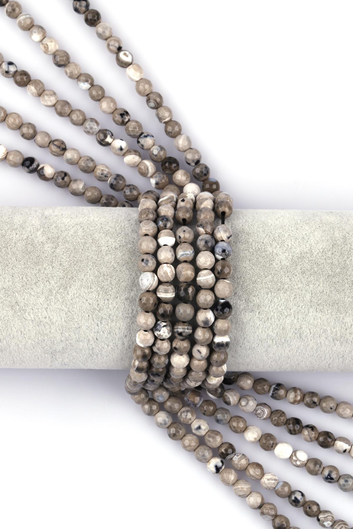 Koyu Gri Akik Doğal Taş Dizi 6 mm Fasetli Küre Kesim