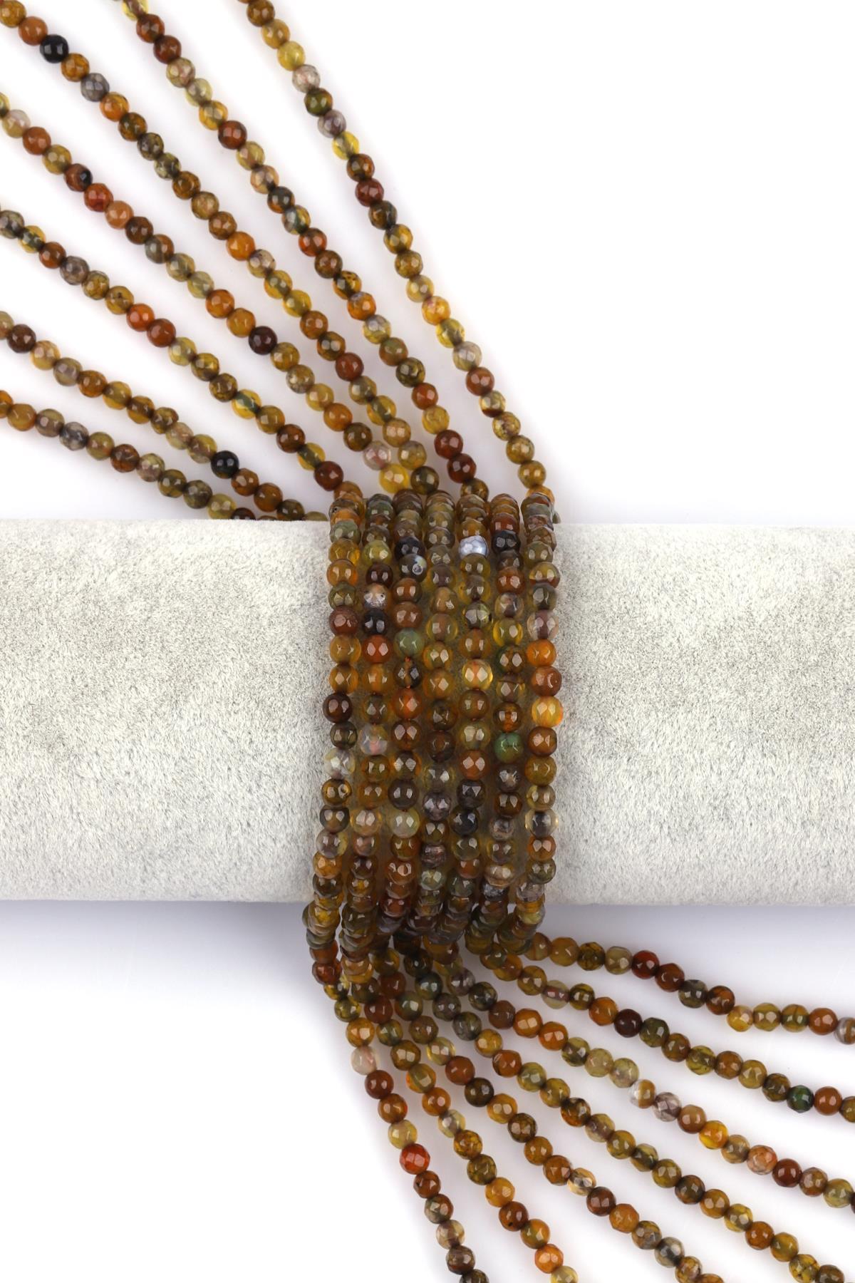 Koyu Kahverengi Akik Doğal Taş Dizi 4 mm Fasetli Küre Kesim