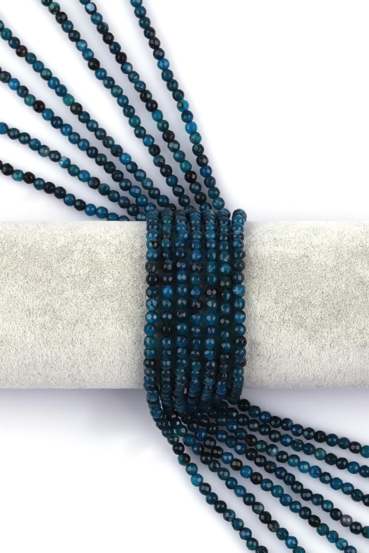 Koyu Mavi Akik Doğal Taş Dizi 4 mm Fasetli Küre Kesim