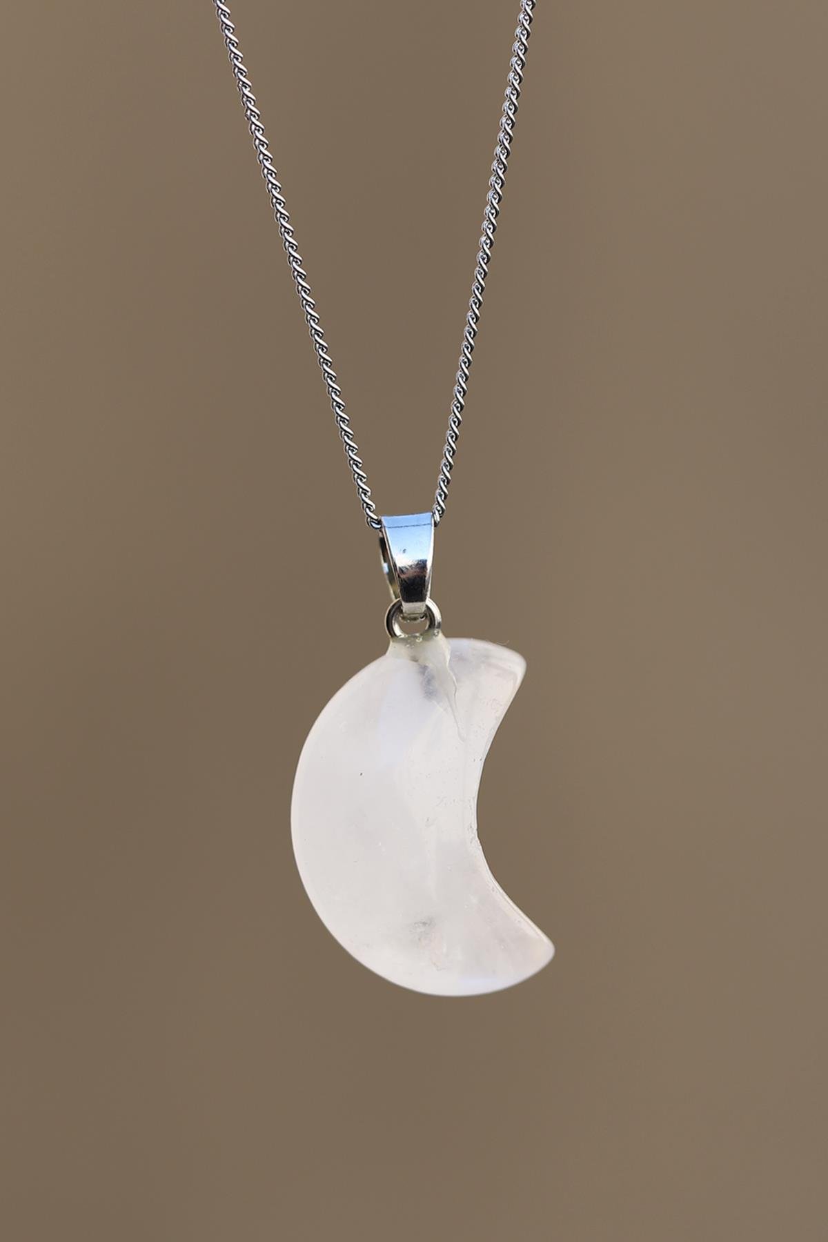 Kristal Kuvars Doğal Taş Ay Model Kolye