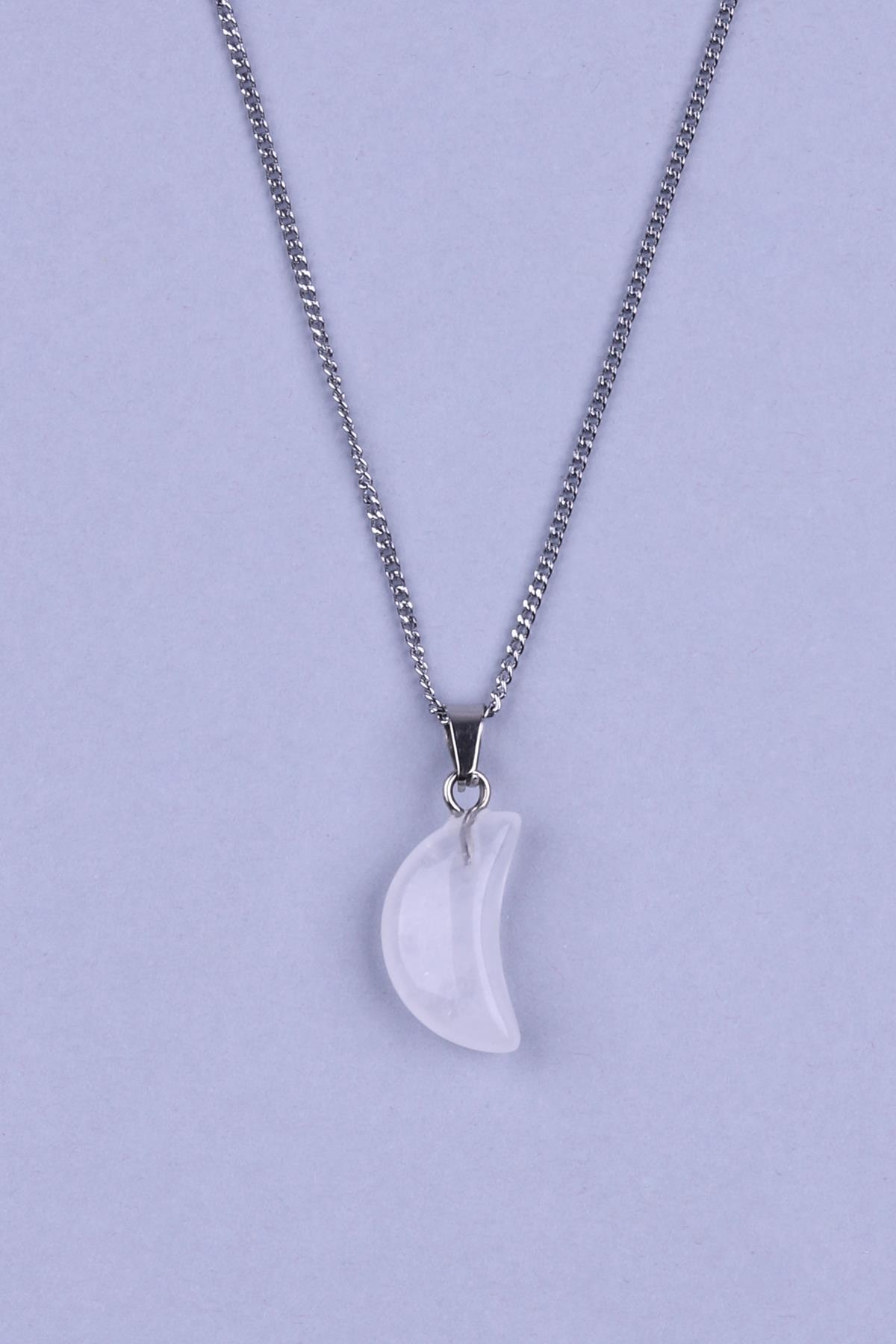 Kristal Kuvars Doğal Taş Ay Model Kolye