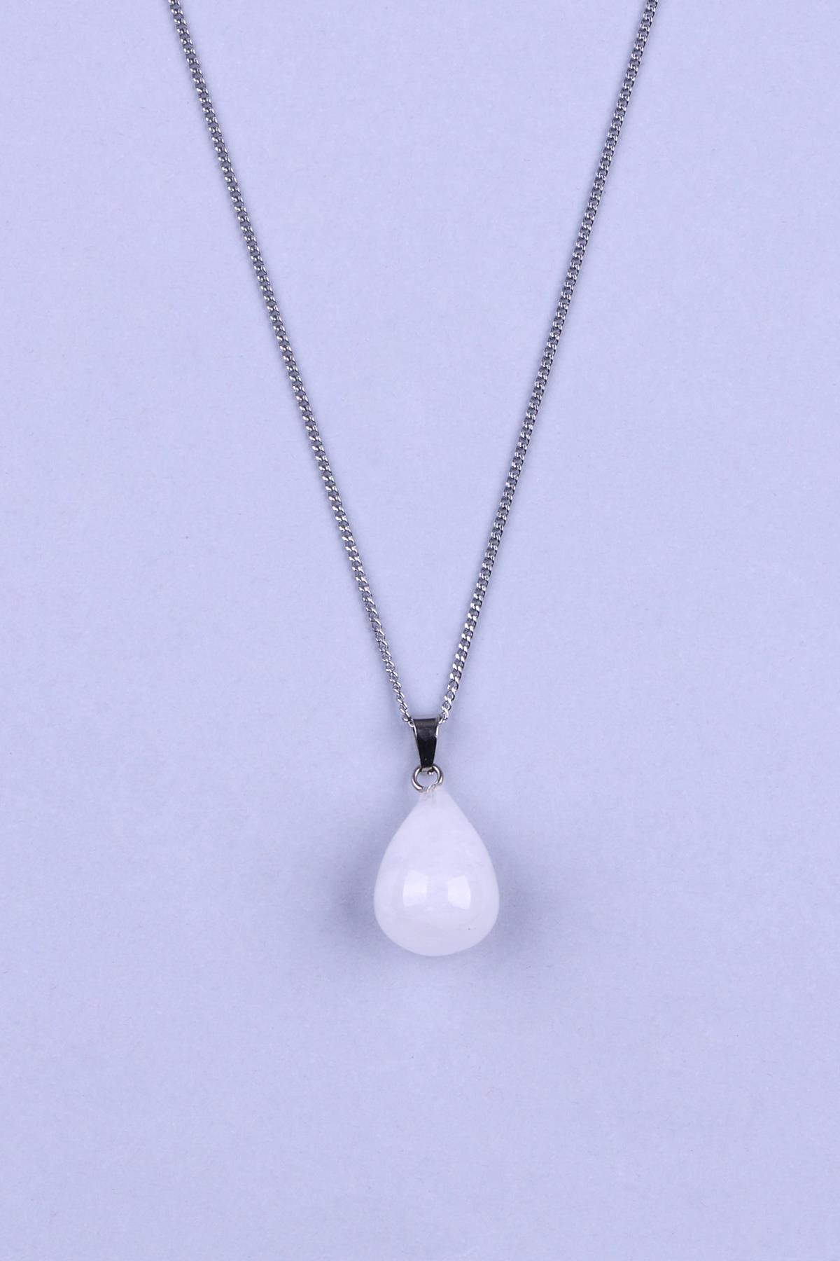 Kristal Kuvars Doğal Taş Damla Model Kolye