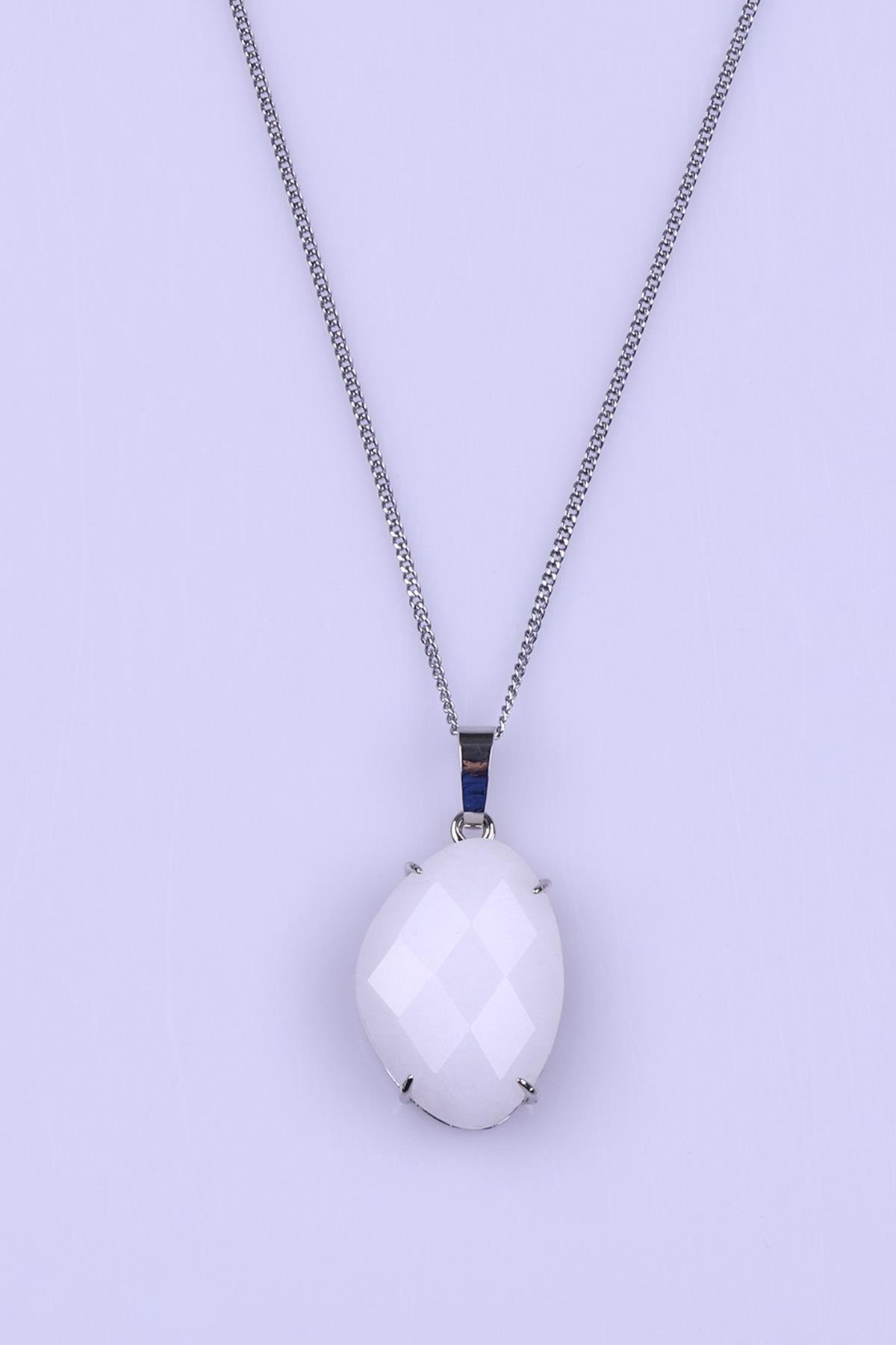 Kristal Kuvars Doğal Taş Gümüş Renkli Kolye