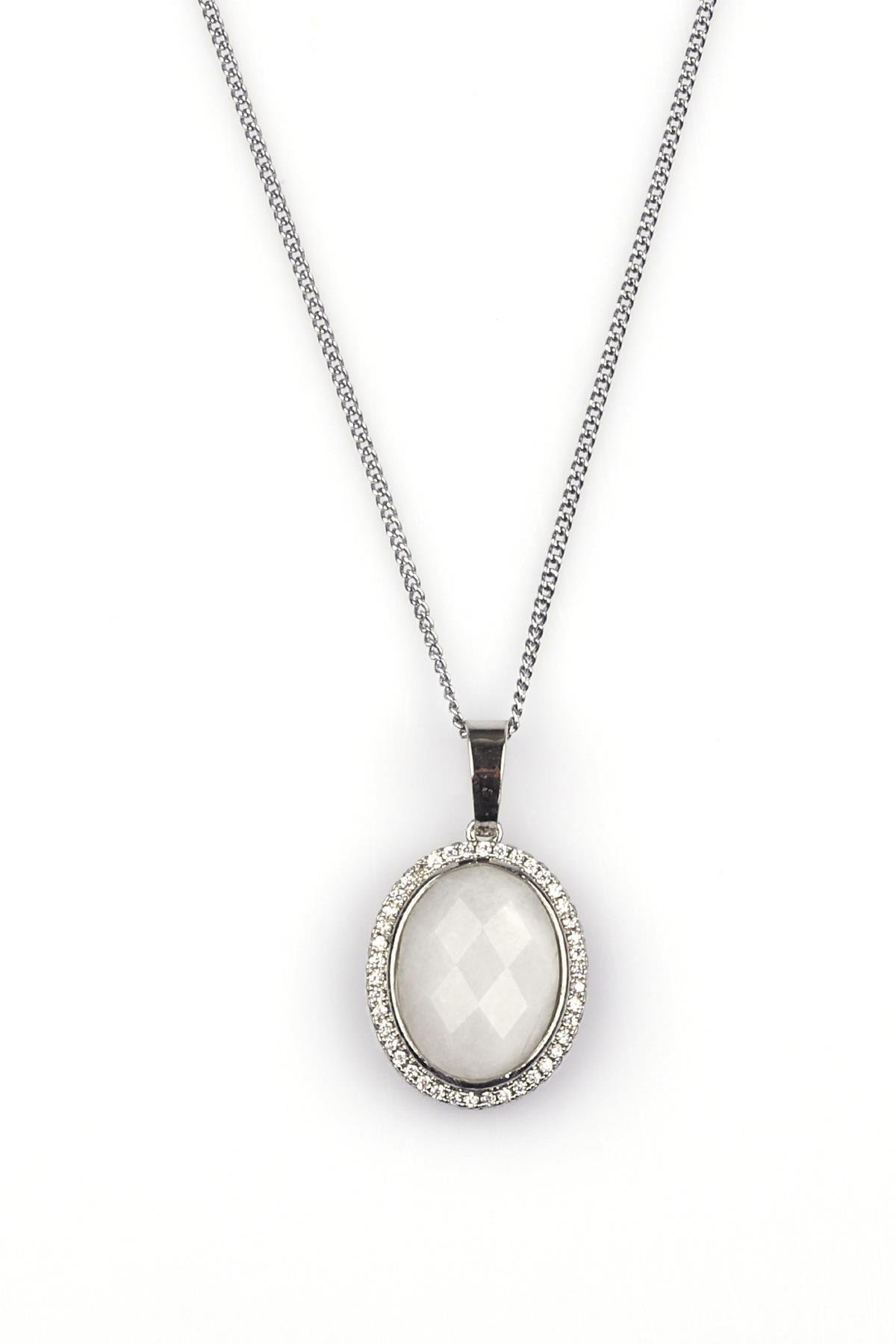 Kristal Kuvars Doğal Taş Gümüş Renkli Kolye