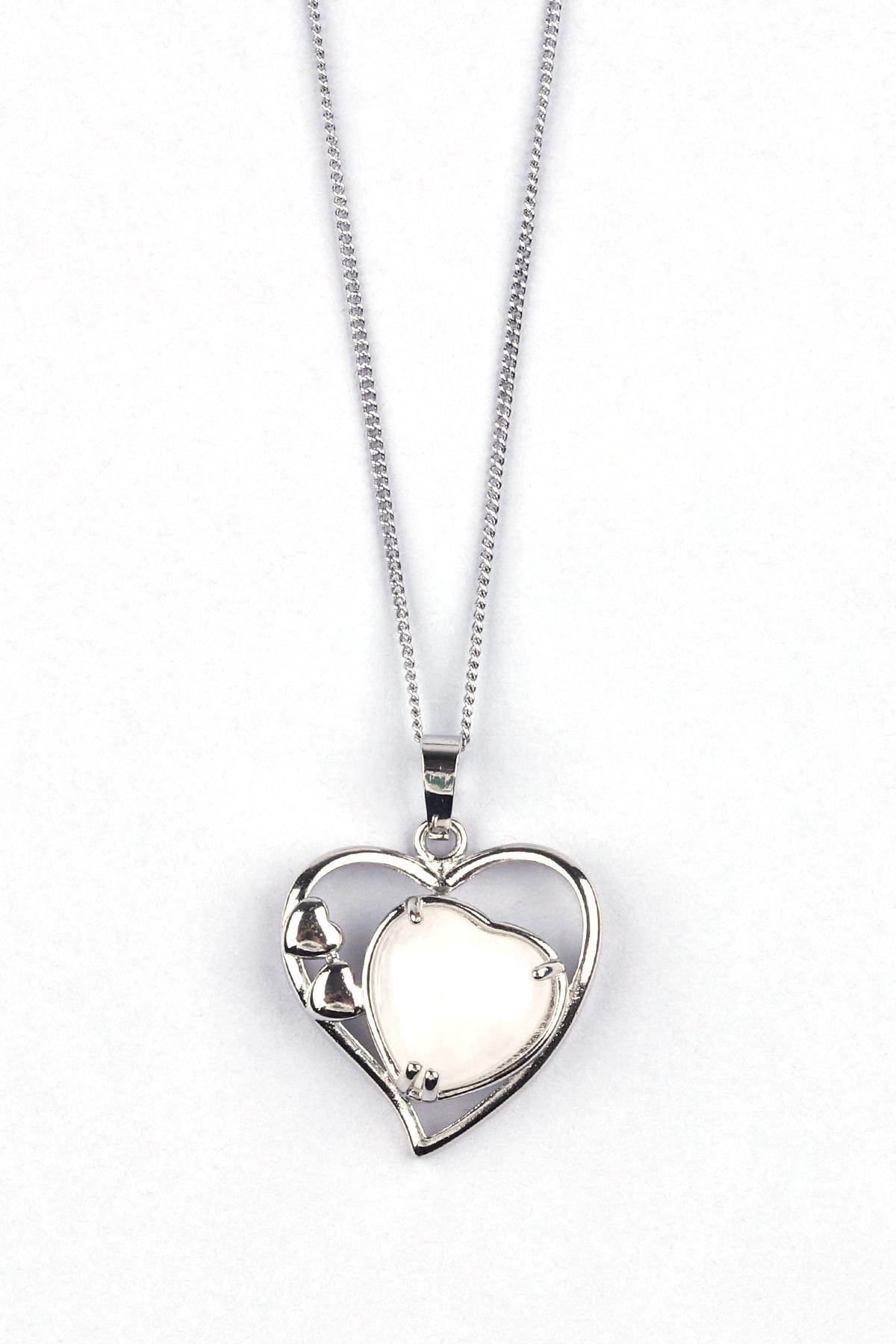 Kristal Kuvars Doğal Taş Kalp Model Kolye 