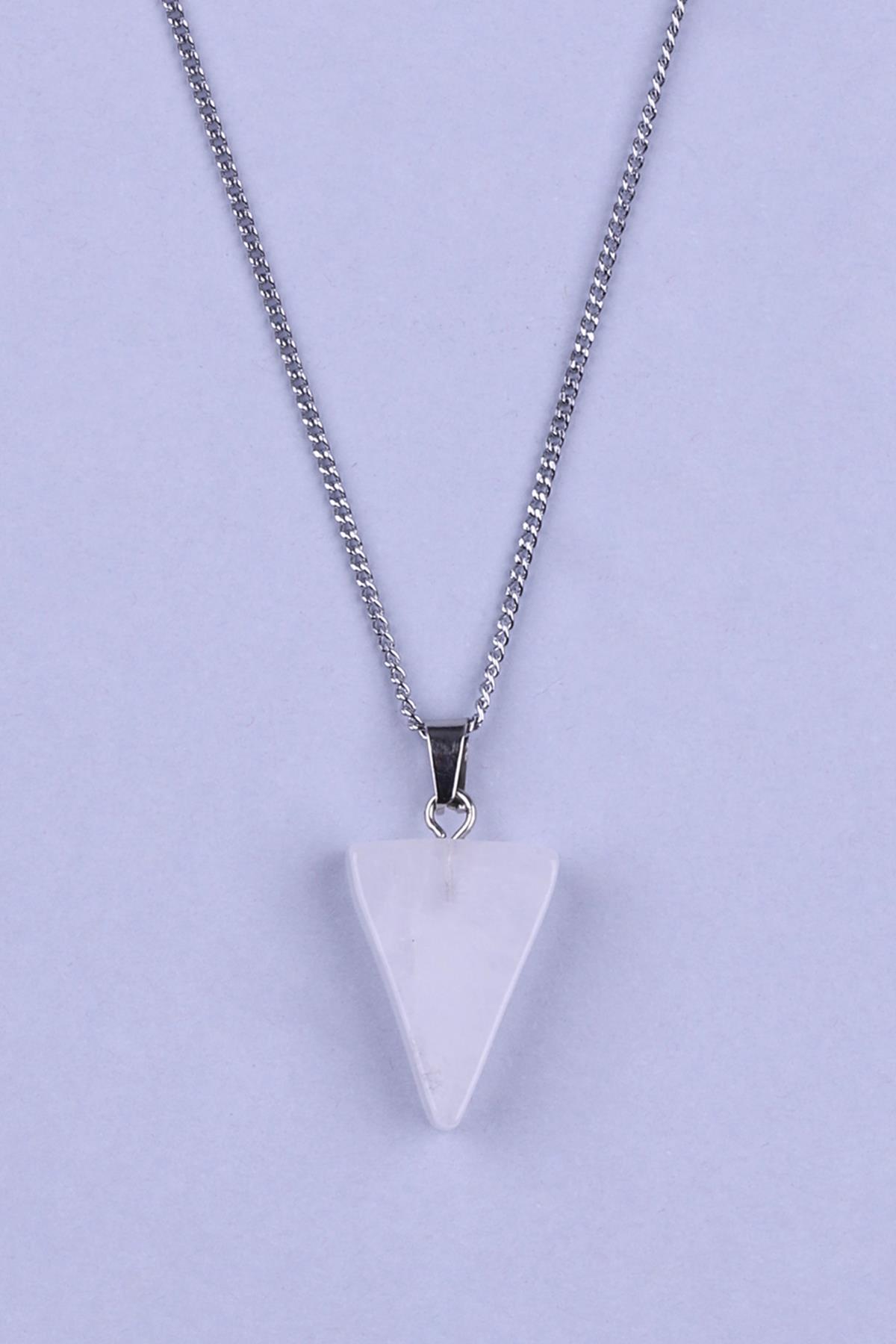 Kristal Kuvars Doğal Taş Üçgen Model Kolye