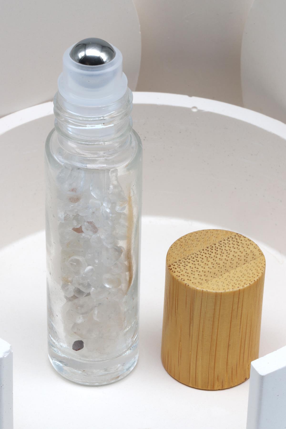 Kristal Kuvars Doğal Taşlı Bambu Kapaklı Doldurulabilir Esans ve Yağ Şişesi - Hematit Uçlu