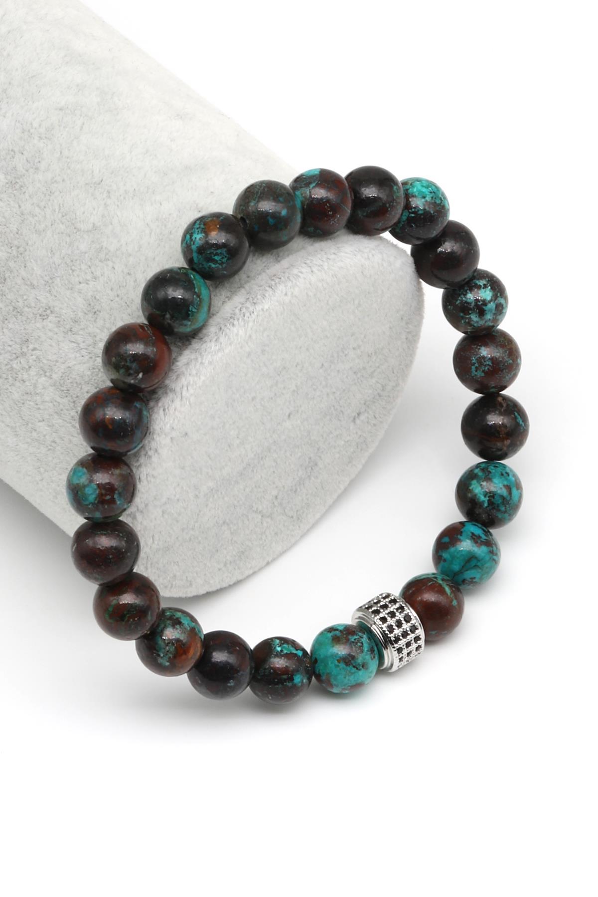 Krizokol Doğal Taş Zirkon Detaylı Bileklik 8 mm Küre Kesim