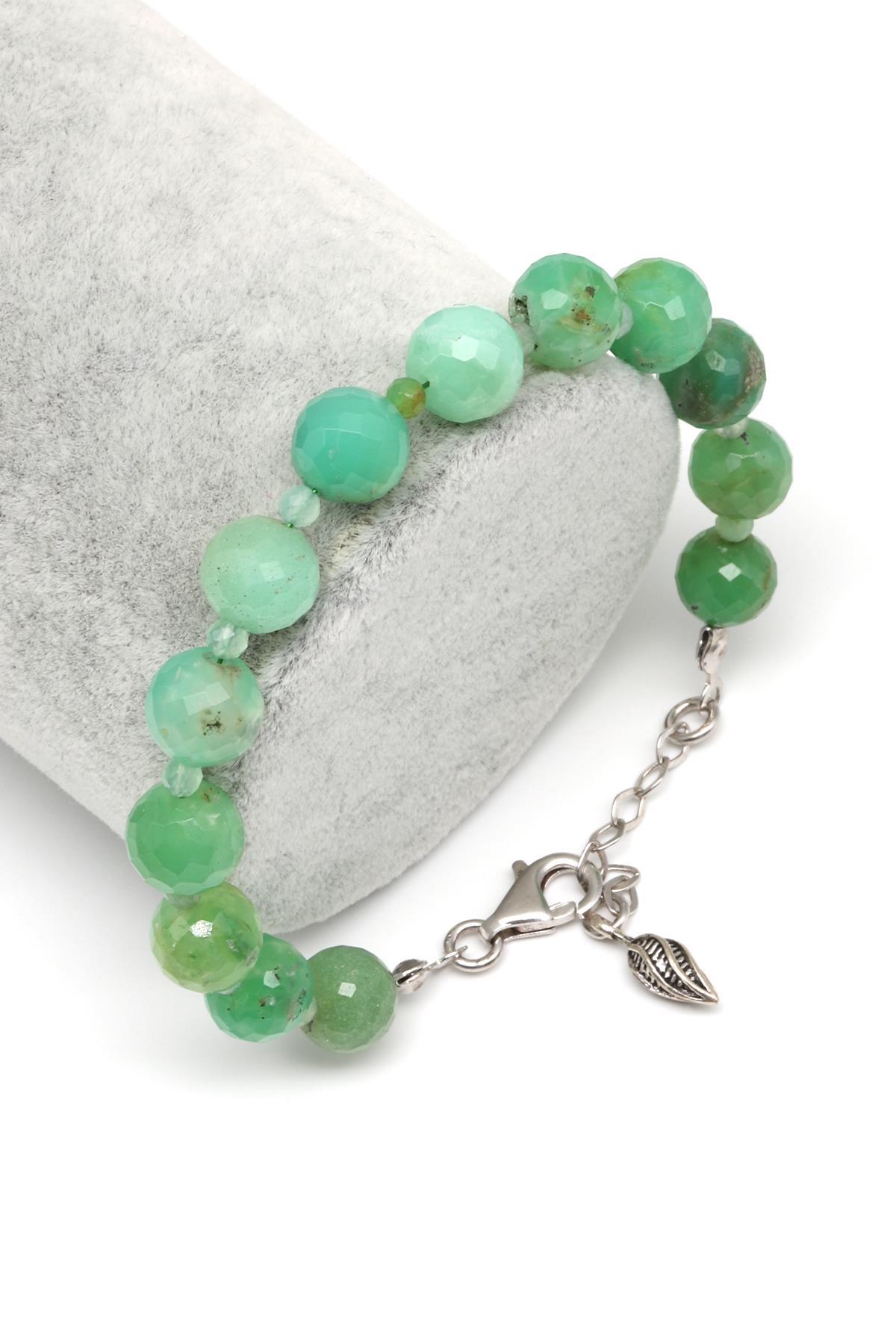 Krizopras Doğal Taş 925 Ayar Gümüş Bileklik Fasetli Küre Kesim