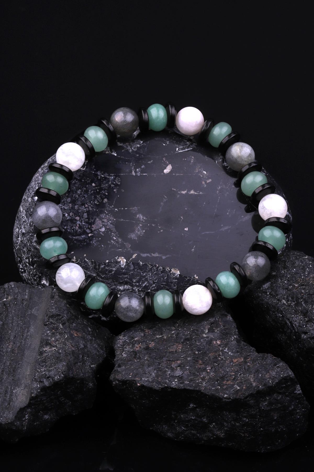 Labradorit - Aventurin - Ay Taşı - Kokonat Doğal Taş Tasarım Bileklik 