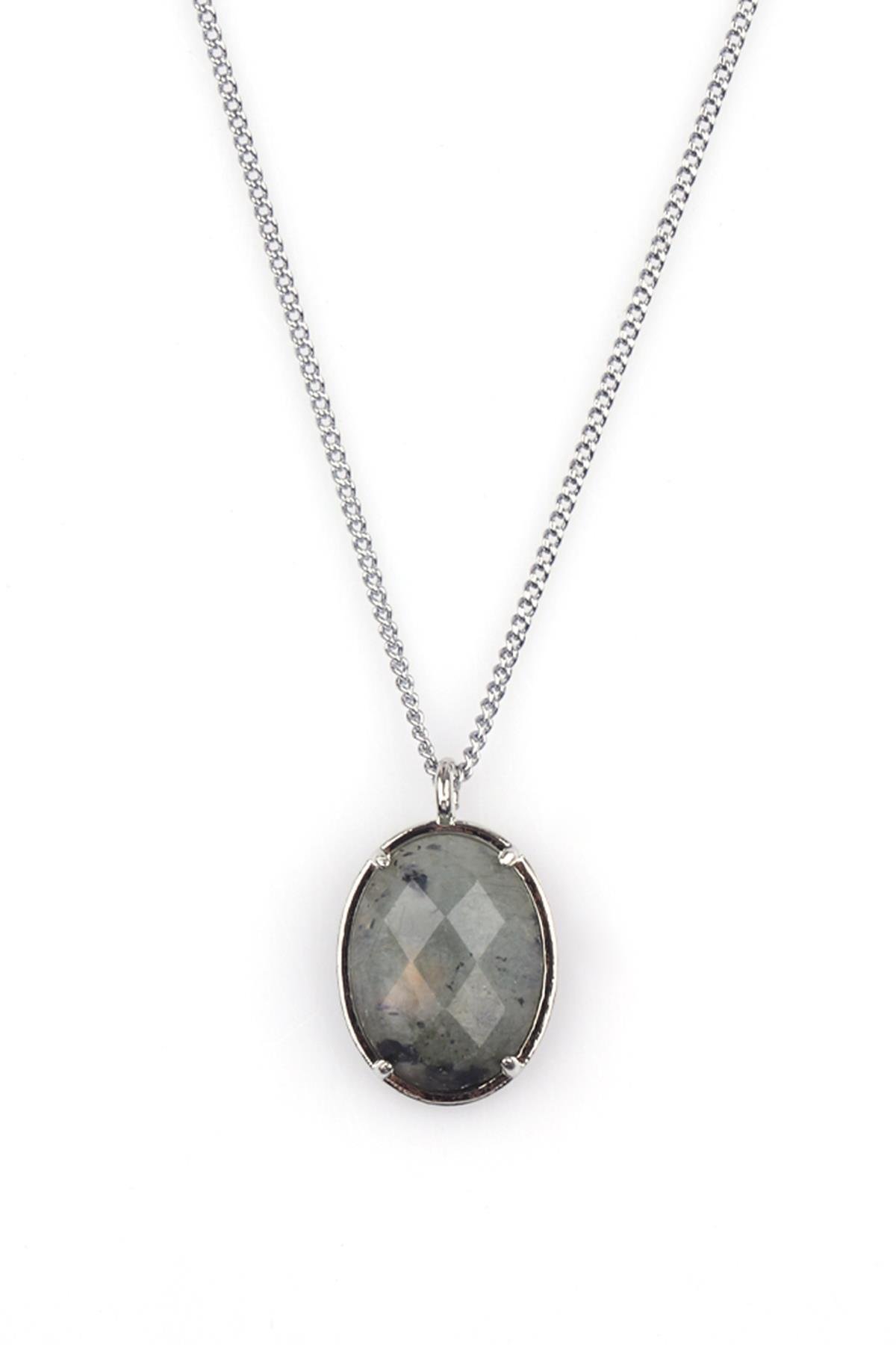Labradorit Doğal Taş Gümüş Renkli Kolye