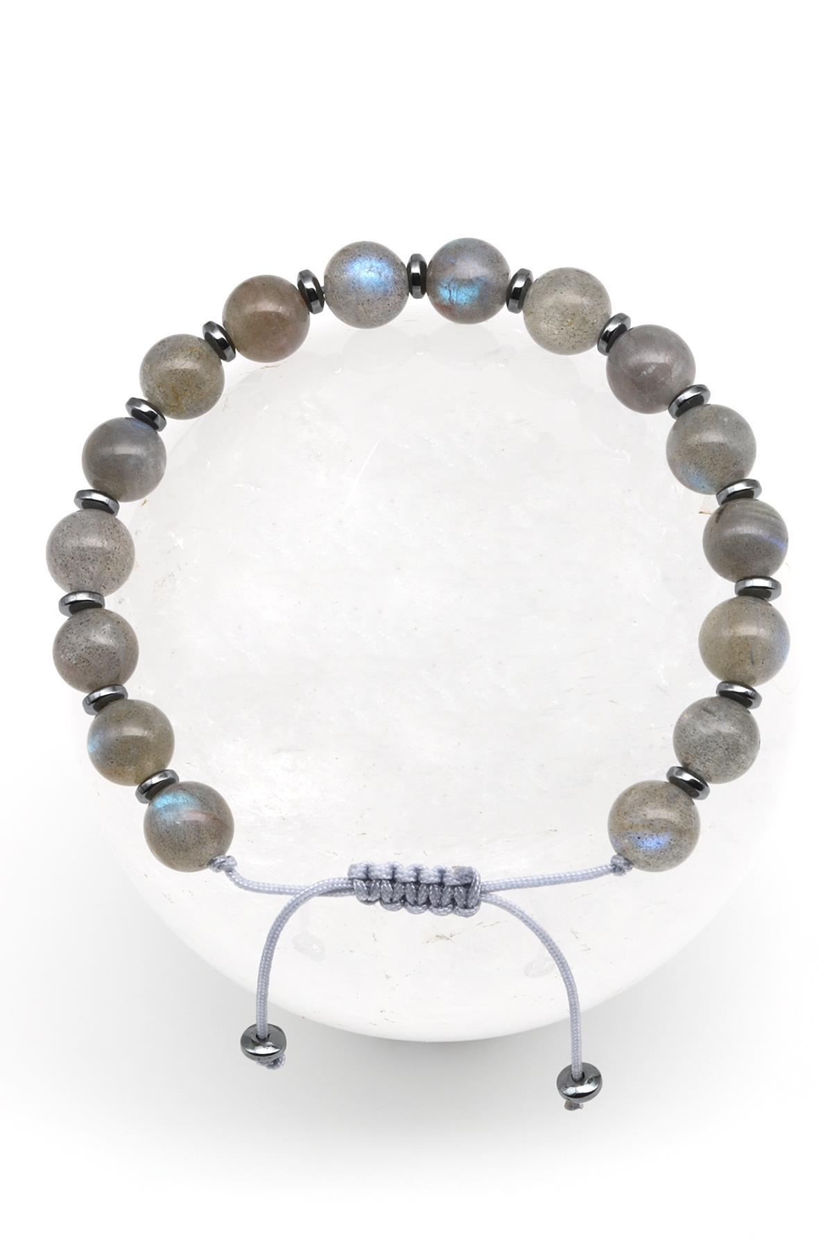 Labradorit - Hematit Doğal Taş Makrome Örme Bileklik Küre Kesim