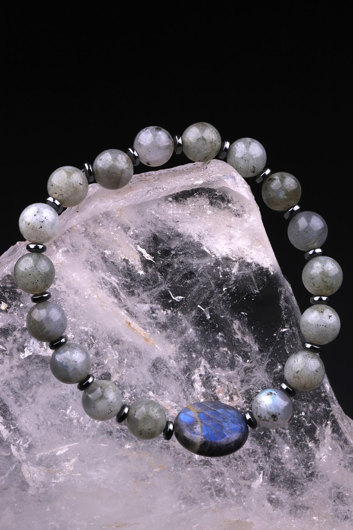 Labradorit - Hematit Doğal Taş Tasarım Bileklik 