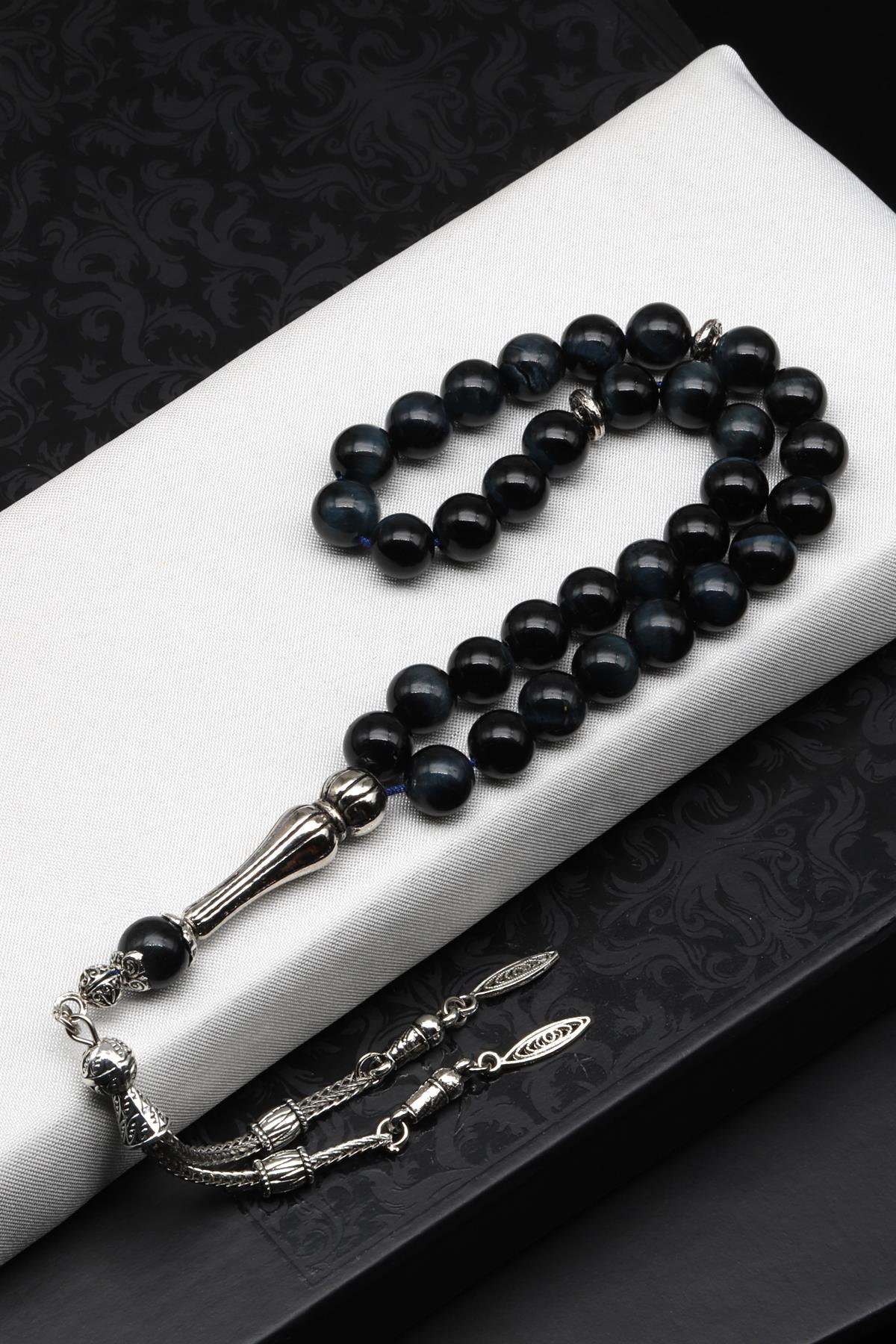 Lacivert Kaplan Gözü Doğal Taş Tesbih 8 mm Küre Kesim