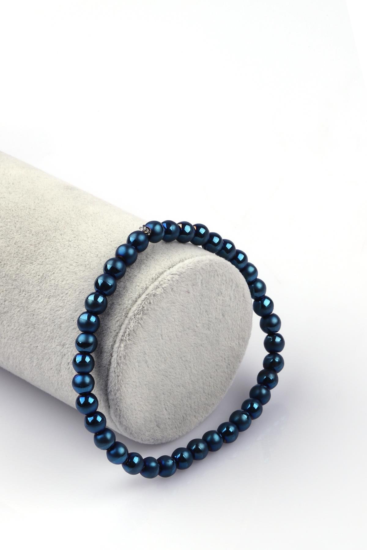 Lacivert Renkli Hematit Doğal Taş Bileklik 6mm Küre Kesim