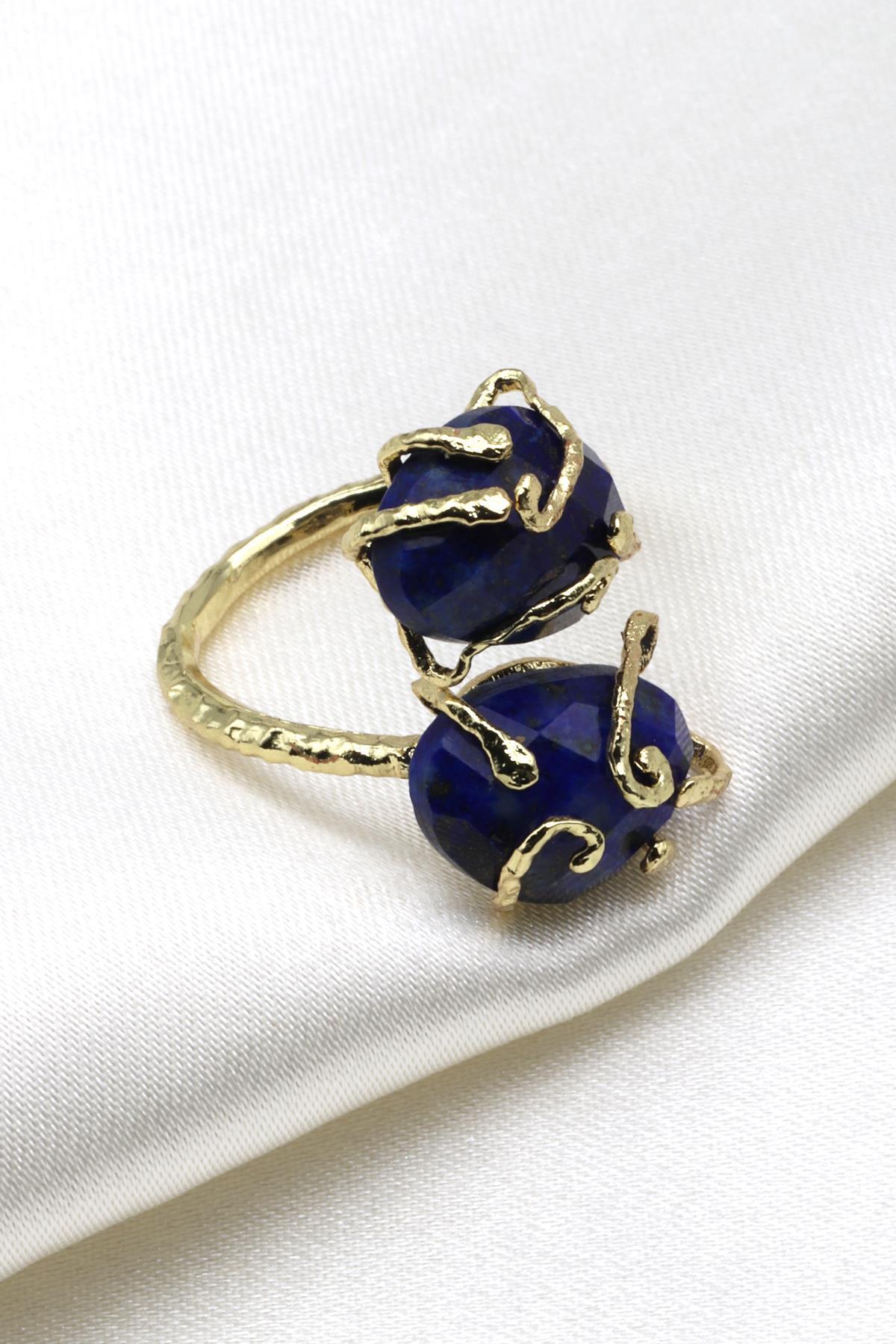 Lapis Lazuli Doğal Taş Ayarlanabilir Gold Renk Yüzük