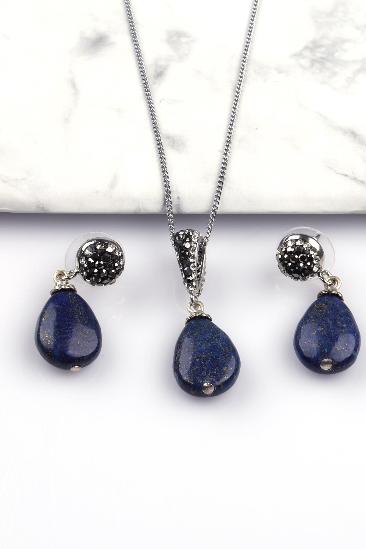 Lapis Lazuli Doğal Taş Kolye - Küpe 2'li Set