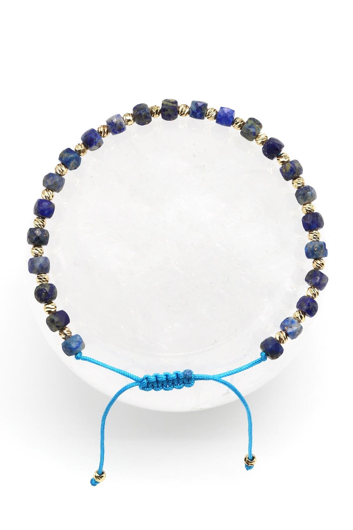 Lapis Lazuli Doğal Taş Makrome Örme Bileklik Küp Kesim